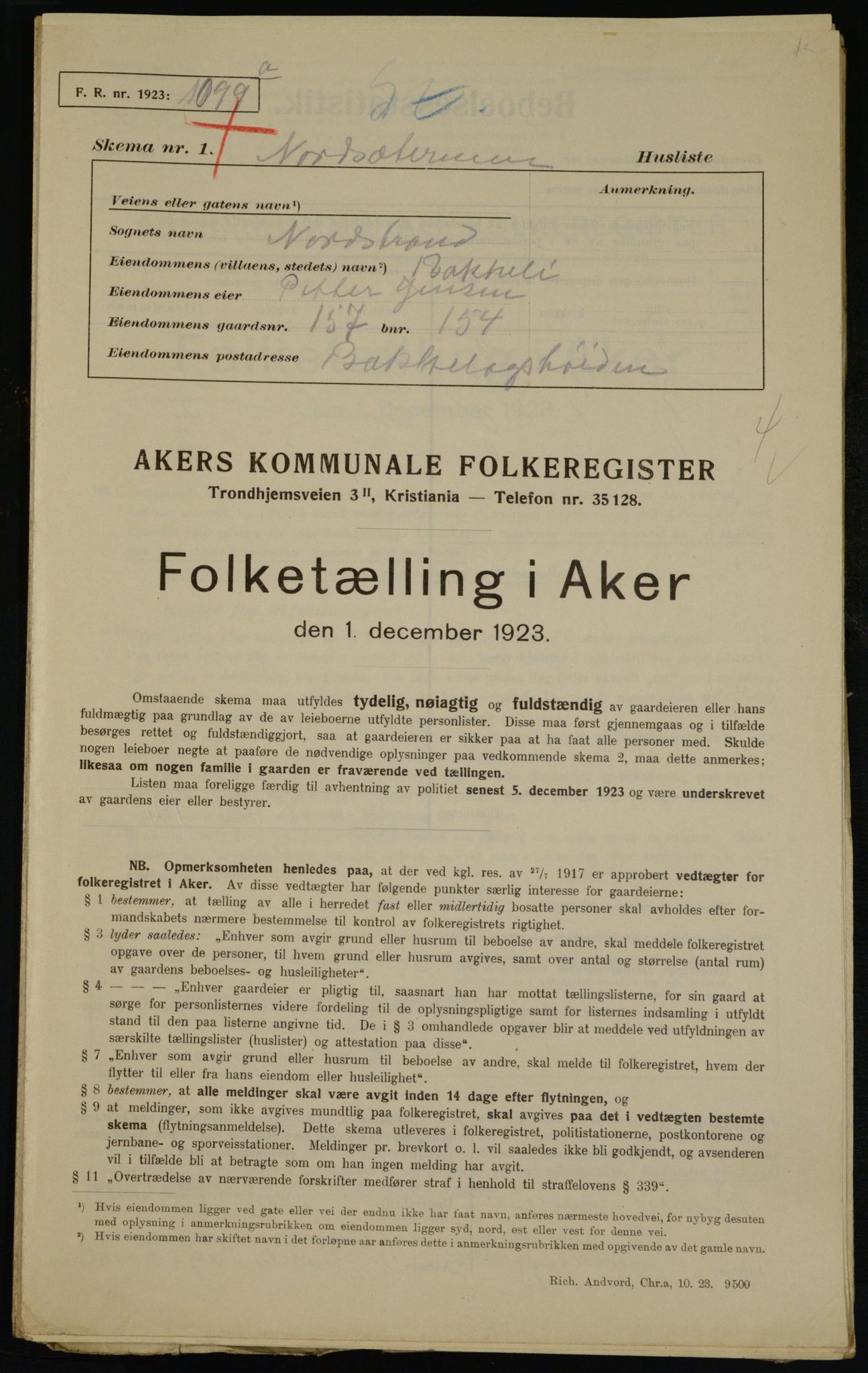 , Municipal Census 1923 for Aker, 1923, p. 43058