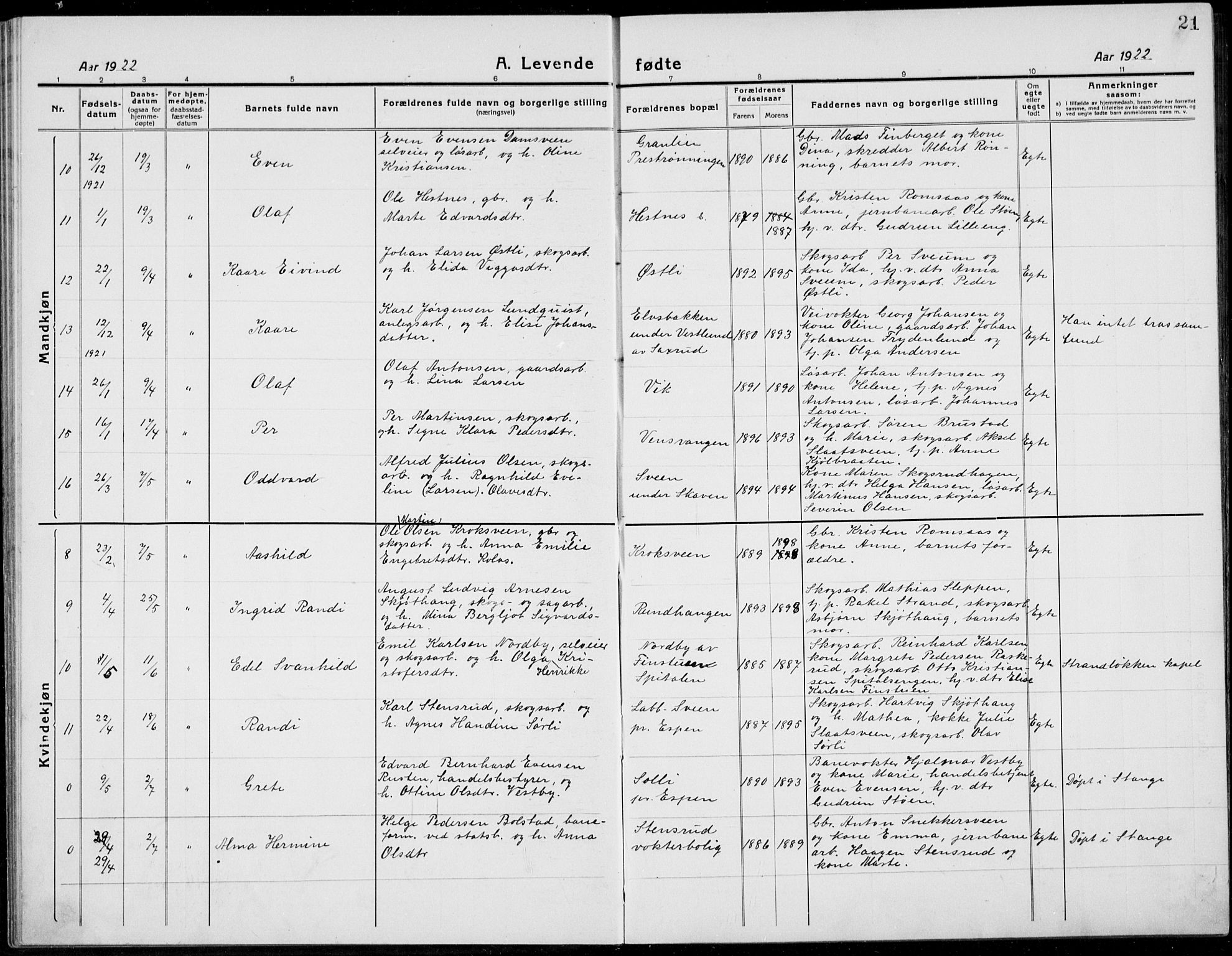 Stange prestekontor, AV/SAH-PREST-002/L/L0017: Parish register (copy) no. 17, 1918-1936, p. 21