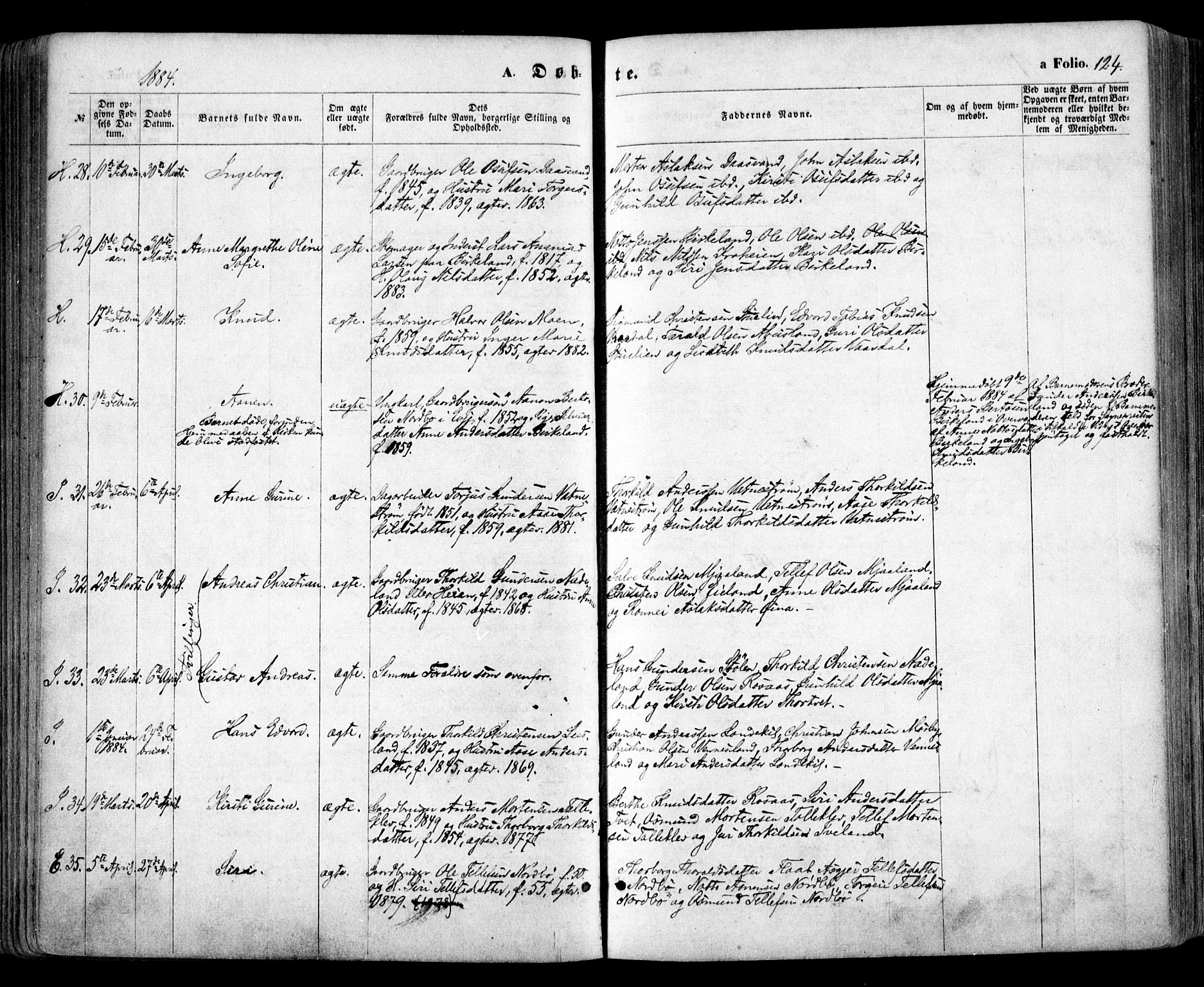 Evje sokneprestkontor, AV/SAK-1111-0008/F/Fa/Faa/L0006: Parish register (official) no. A 6, 1866-1884, p. 124