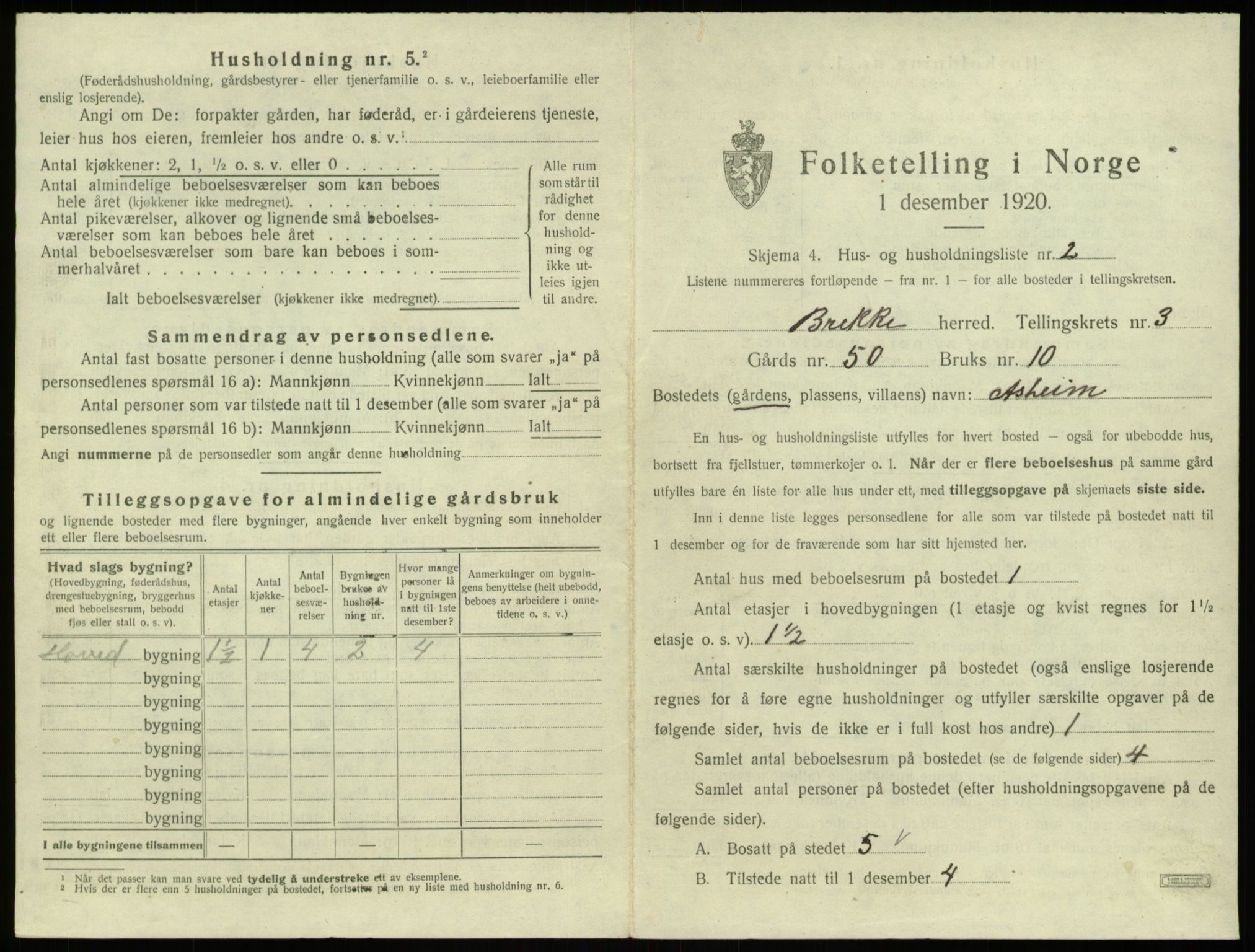 SAB, 1920 census for Brekke, 1920, p. 97