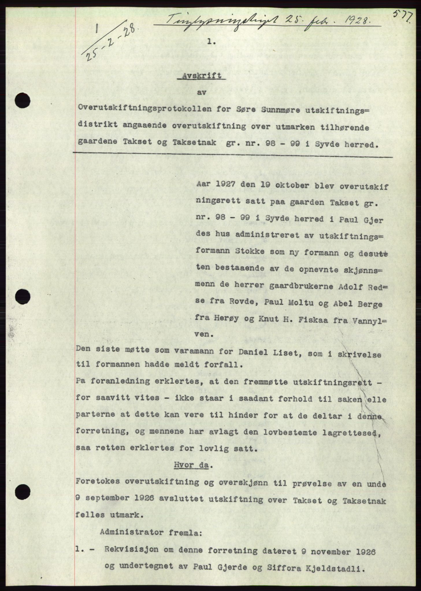 Søre Sunnmøre sorenskriveri, AV/SAT-A-4122/1/2/2C/L0047: Mortgage book no. 41, 1927-1928, Deed date: 25.02.1928