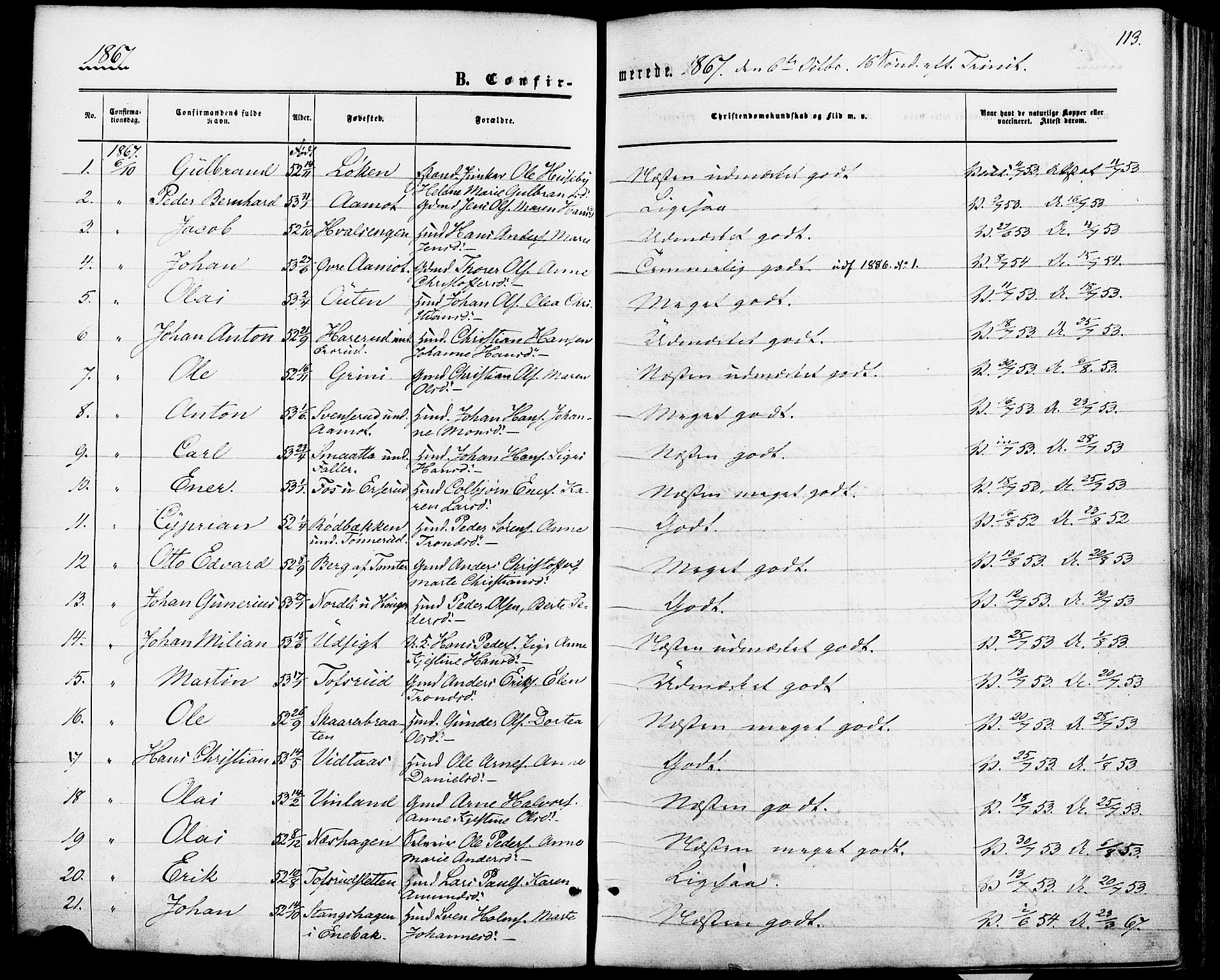 Fet prestekontor Kirkebøker, SAO/A-10370a/F/Fa/L0013: Parish register (official) no. I 13, 1867-1877, p. 113