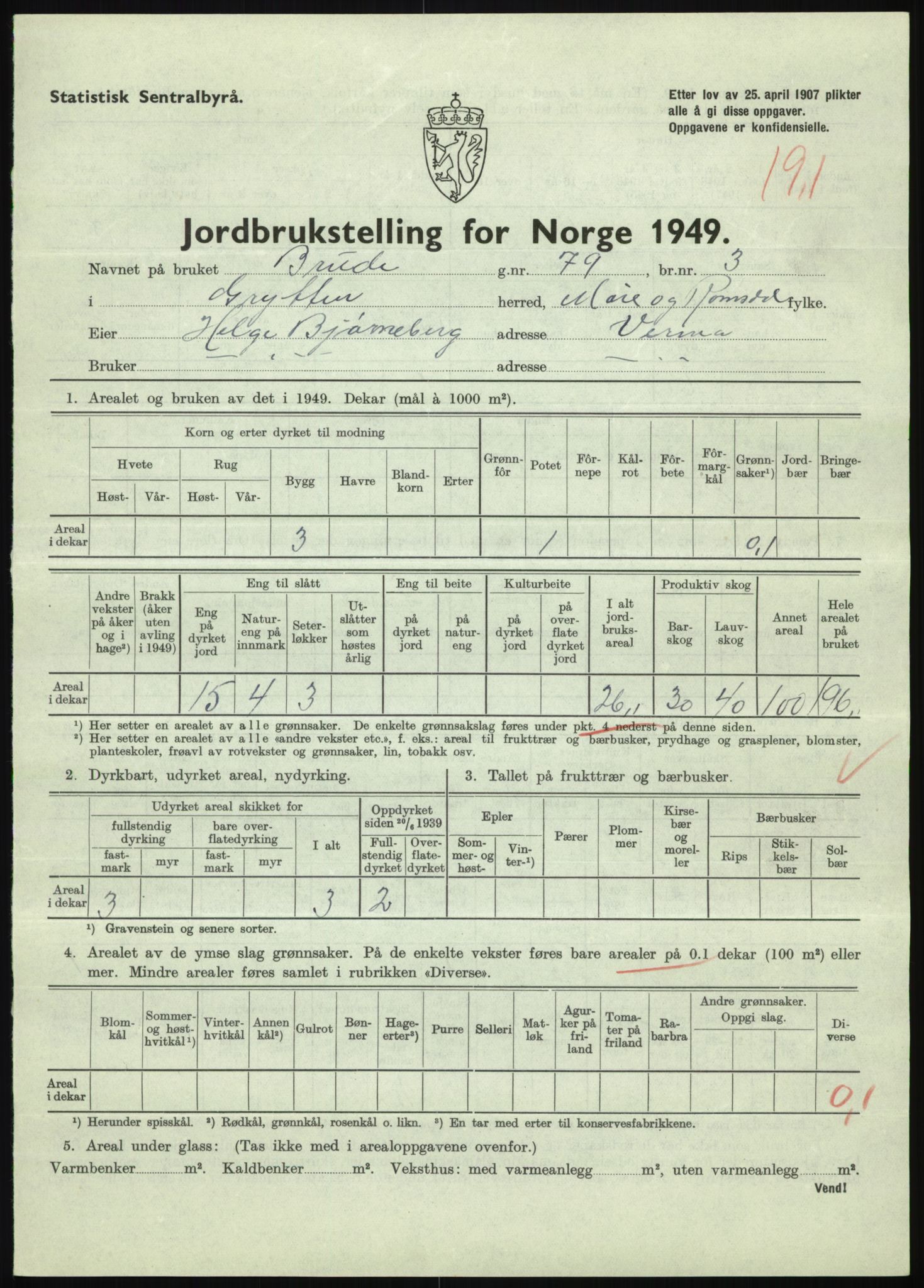 Statistisk sentralbyrå, Næringsøkonomiske emner, Jordbruk, skogbruk, jakt, fiske og fangst, AV/RA-S-2234/G/Gc/L0323: Møre og Romsdal: Grytten og Hen, 1949, p. 149