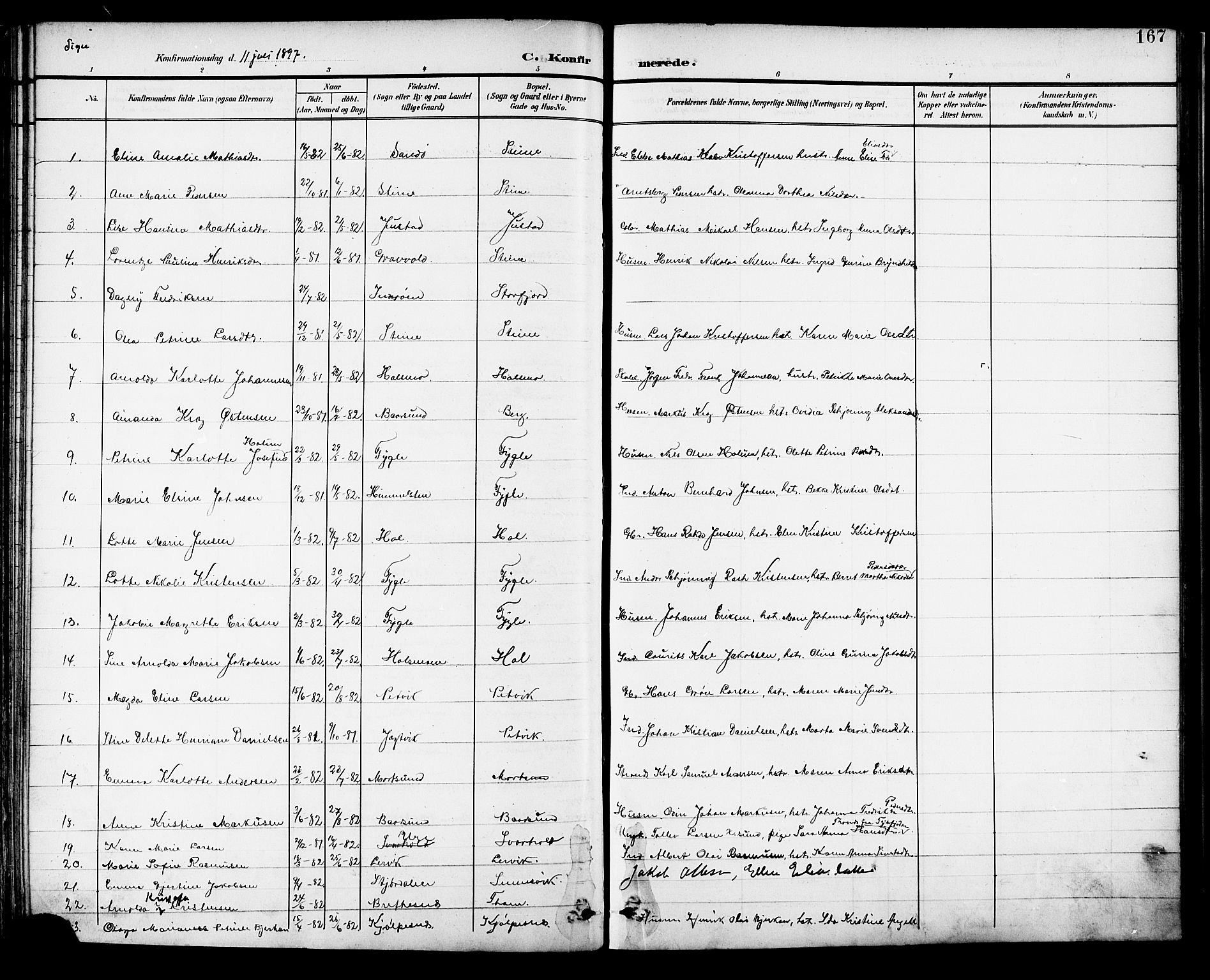 Ministerialprotokoller, klokkerbøker og fødselsregistre - Nordland, AV/SAT-A-1459/882/L1179: Parish register (official) no. 882A01, 1886-1898, p. 167