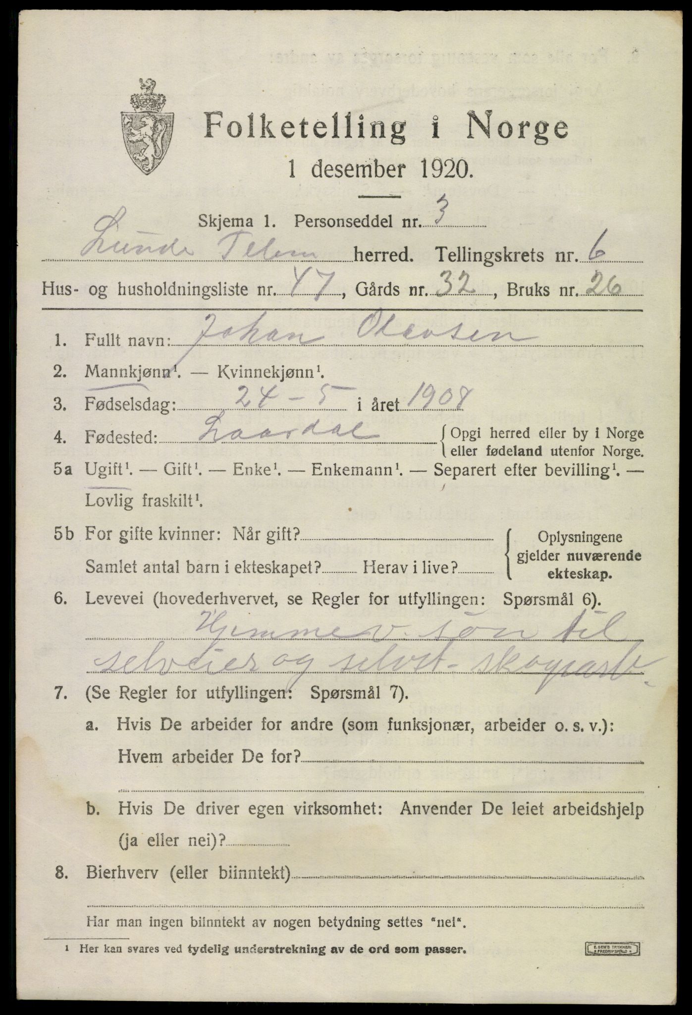 SAKO, 1920 census for Lunde, 1920, p. 4817