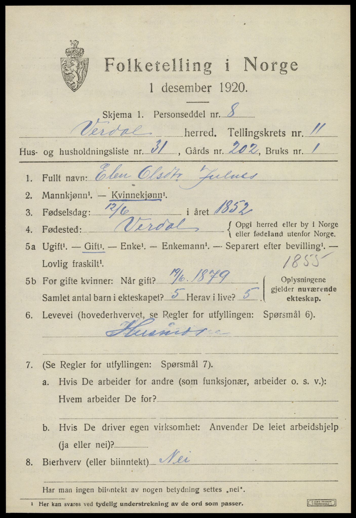 SAT, 1920 census for Verdal, 1920, p. 13251