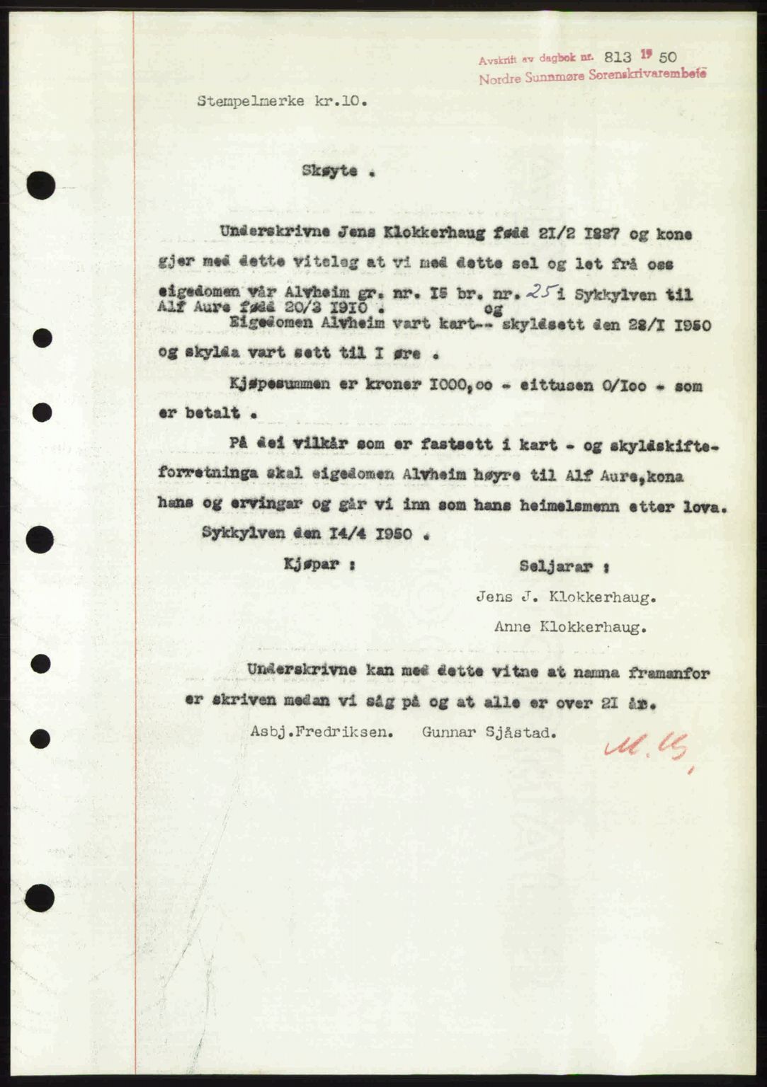 Nordre Sunnmøre sorenskriveri, AV/SAT-A-0006/1/2/2C/2Ca: Mortgage book no. A34, 1950-1950, Diary no: : 813/1950