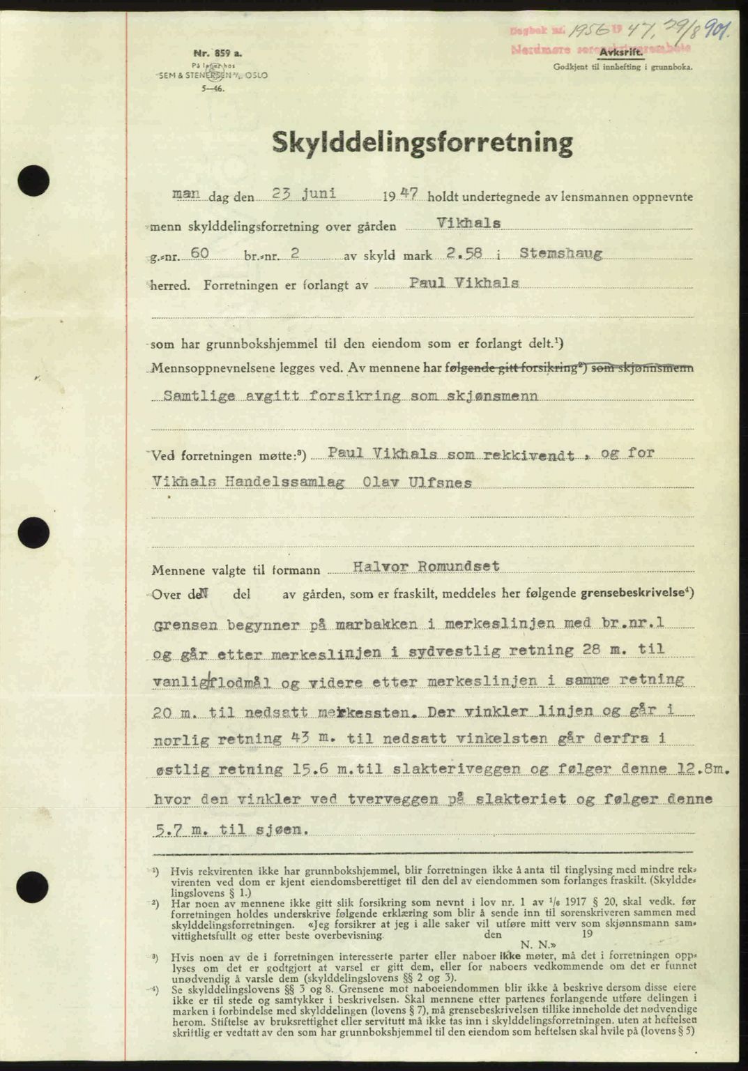 Nordmøre sorenskriveri, AV/SAT-A-4132/1/2/2Ca: Mortgage book no. A105, 1947-1947, Diary no: : 1956/1947