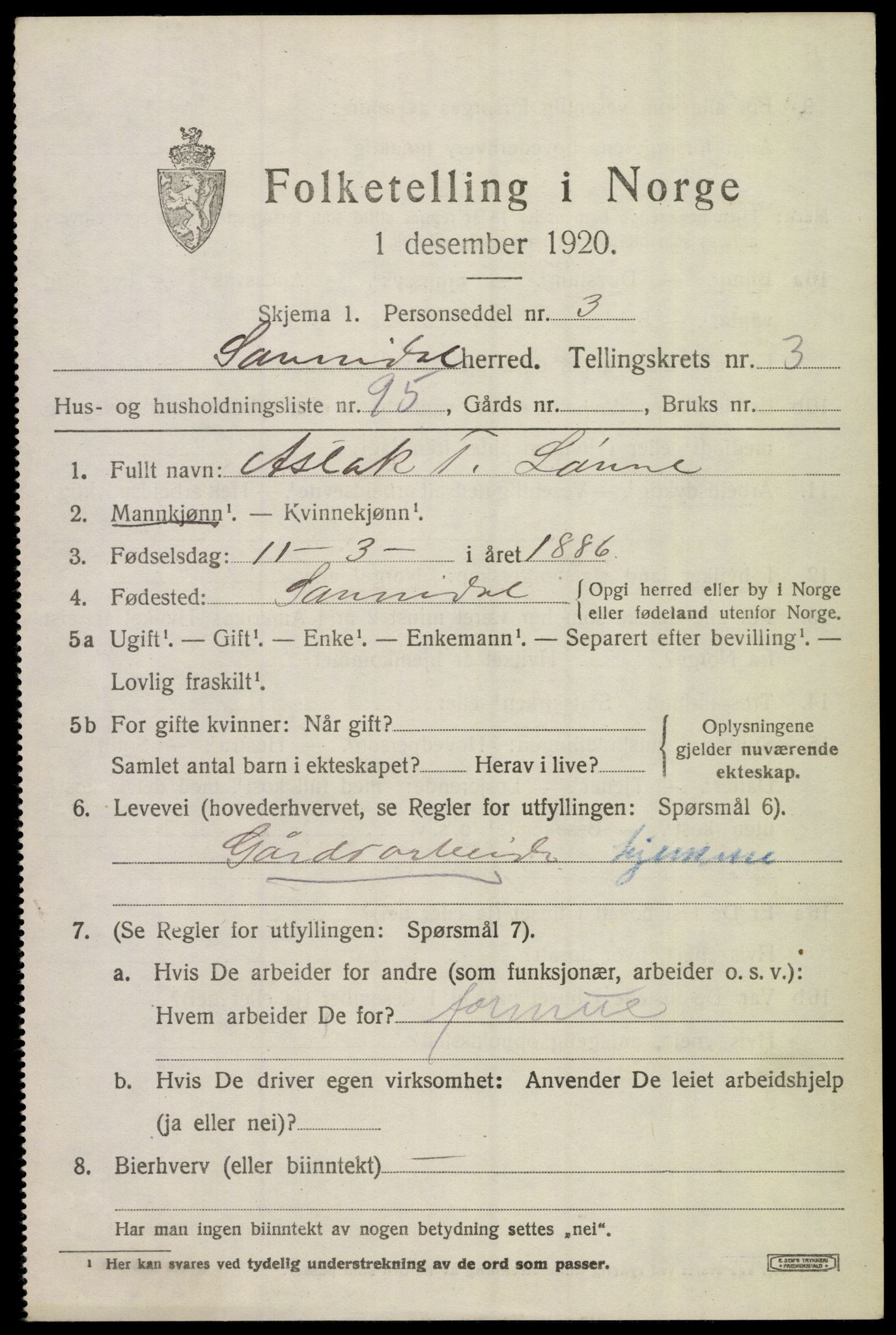 SAKO, 1920 census for Sannidal, 1920, p. 3313