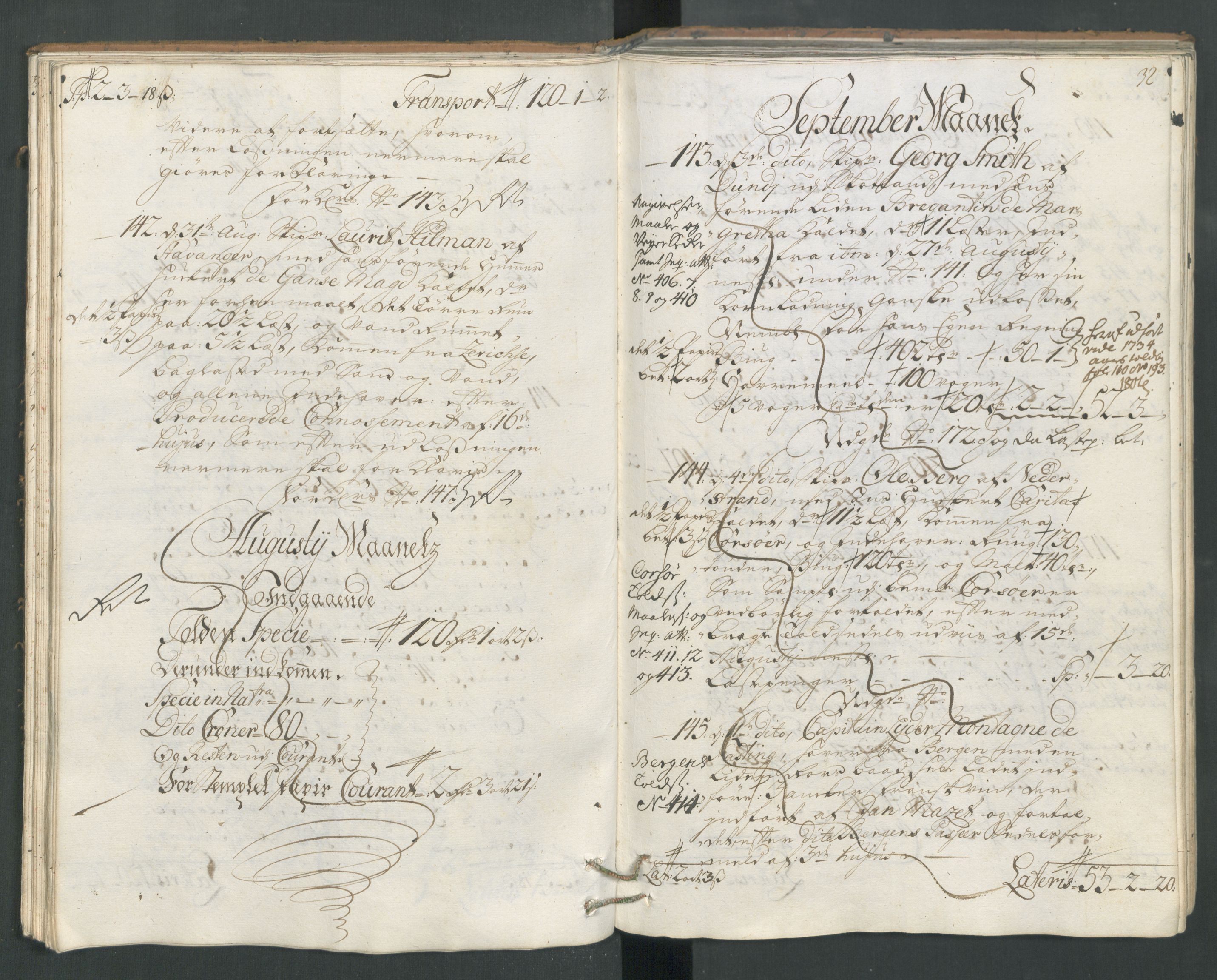 Generaltollkammeret, tollregnskaper, AV/RA-EA-5490/R22/L0012/0001: Tollregnskaper Stavanger / Hovedtollbok, 1733, p. 31b-32a