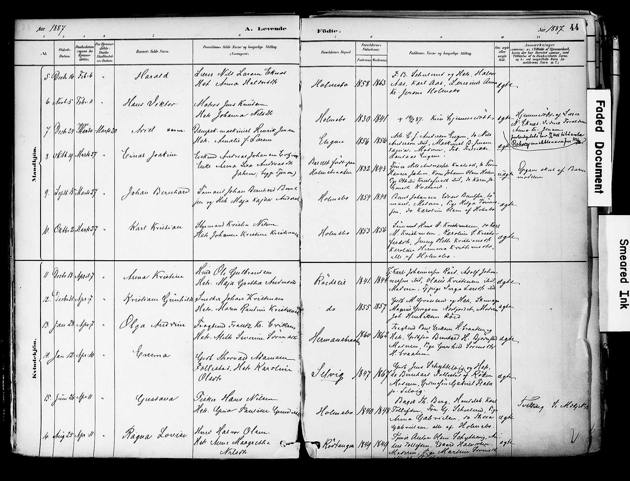 Hurum kirkebøker, AV/SAKO-A-229/F/Fa/L0014: Parish register (official) no. 14, 1882-1895, p. 44