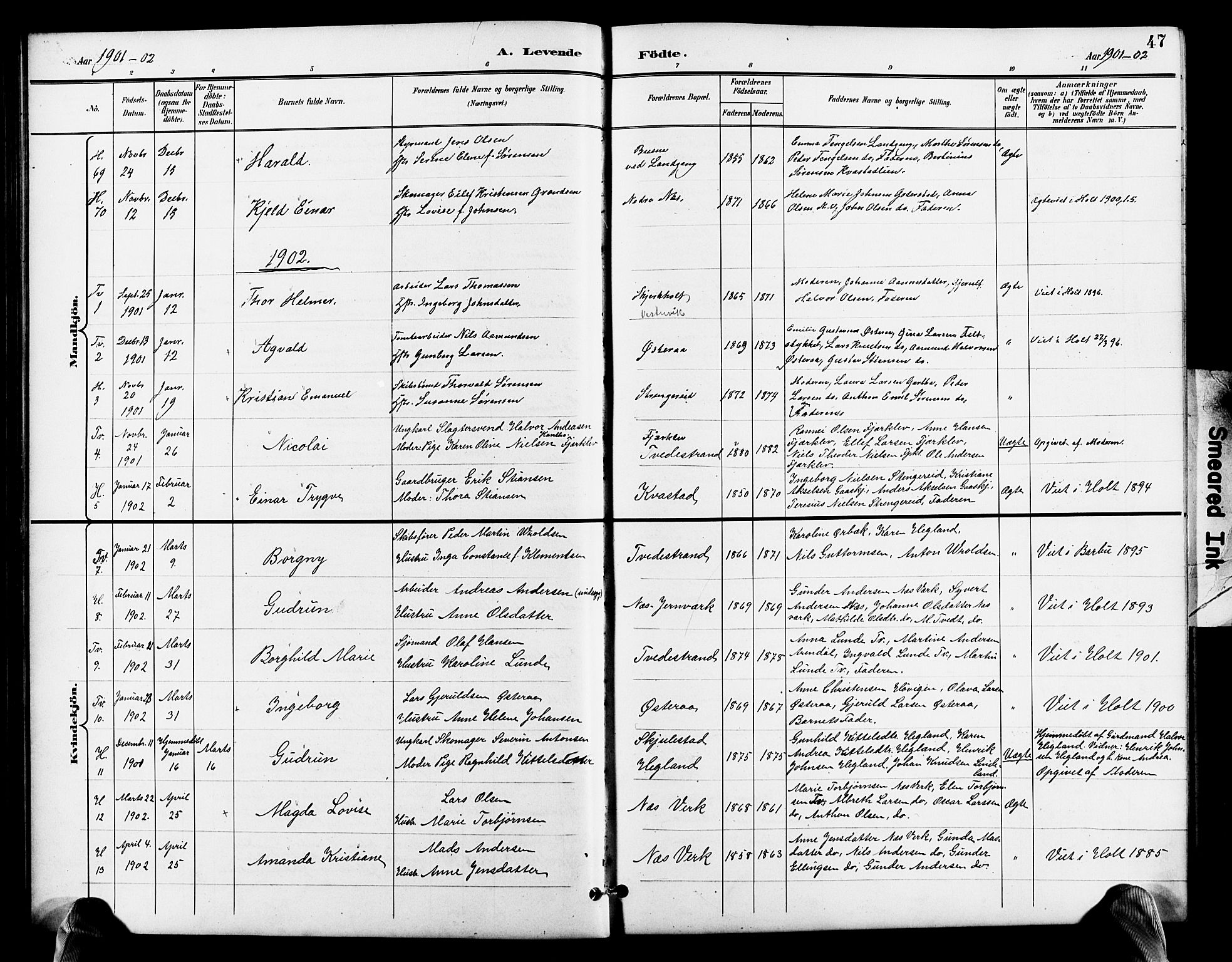 Holt sokneprestkontor, AV/SAK-1111-0021/F/Fb/L0011: Parish register (copy) no. B 11, 1897-1921, p. 47