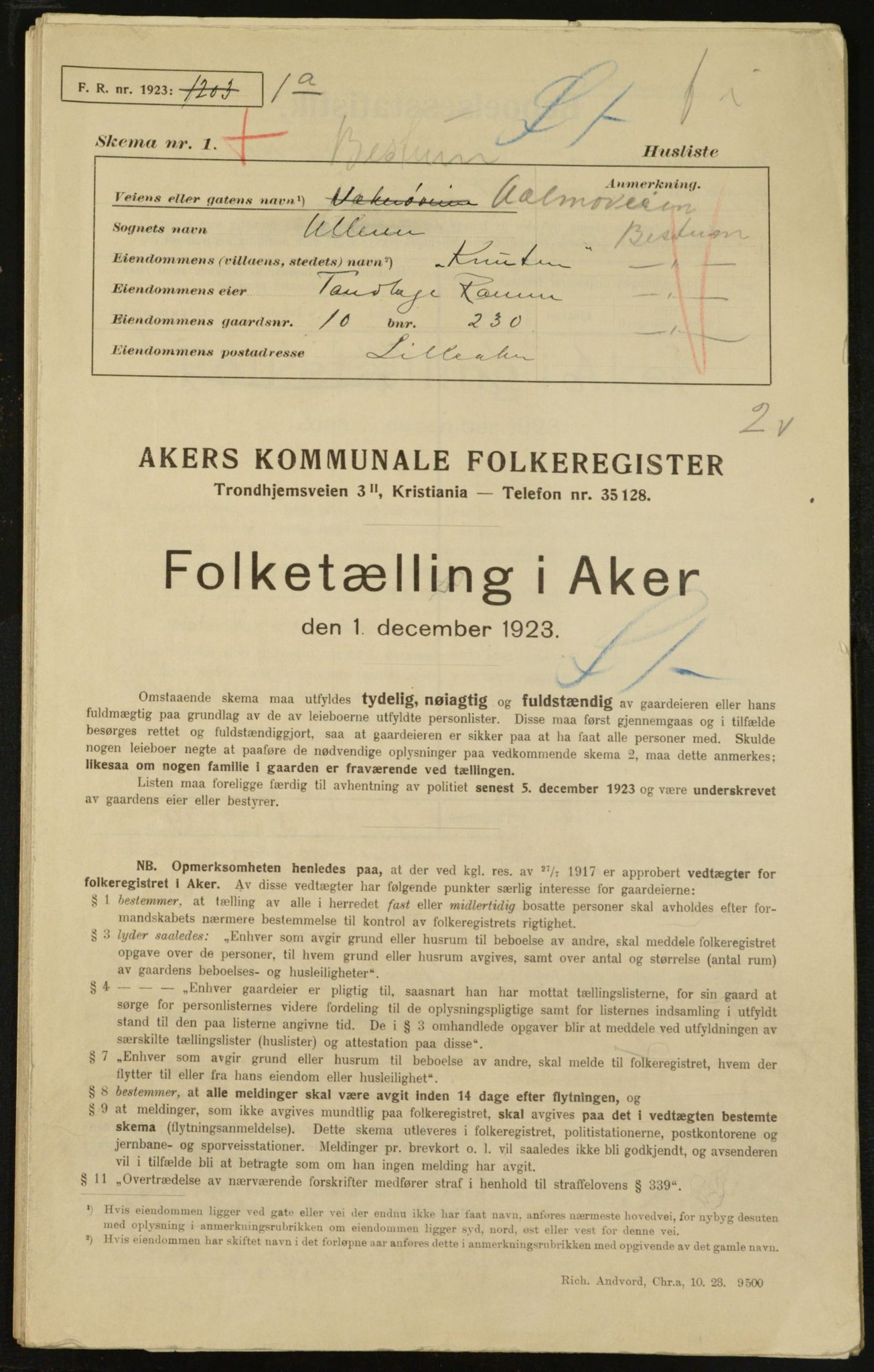 , Municipal Census 1923 for Aker, 1923, p. 2