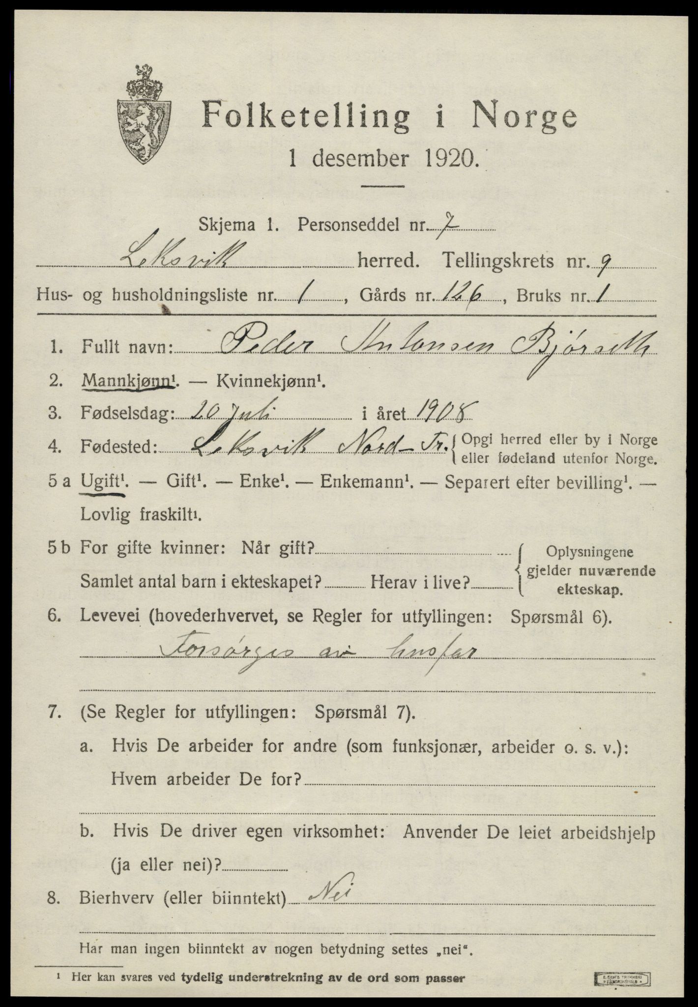 SAT, 1920 census for Leksvik, 1920, p. 6880