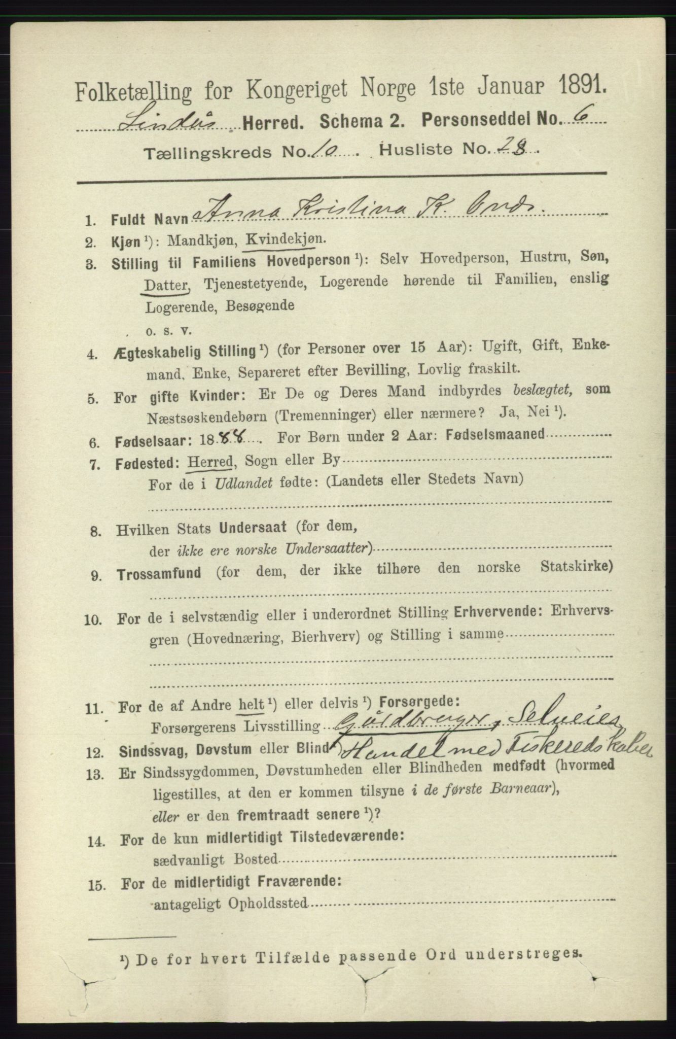 RA, 1891 census for 1263 Lindås, 1891, p. 3607