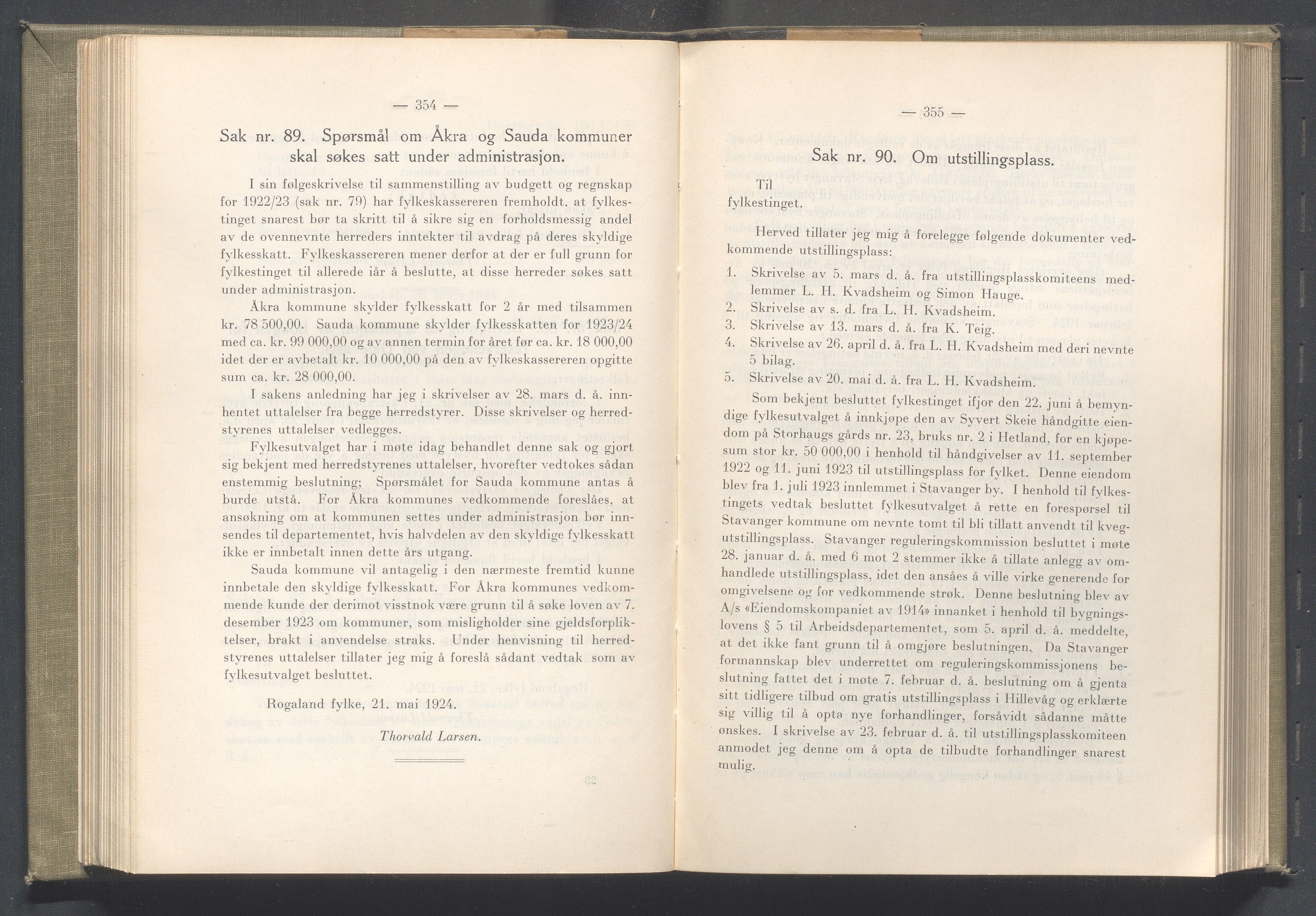 Rogaland fylkeskommune - Fylkesrådmannen , IKAR/A-900/A/Aa/Aaa/L0043: Møtebok , 1924, p. 354-355