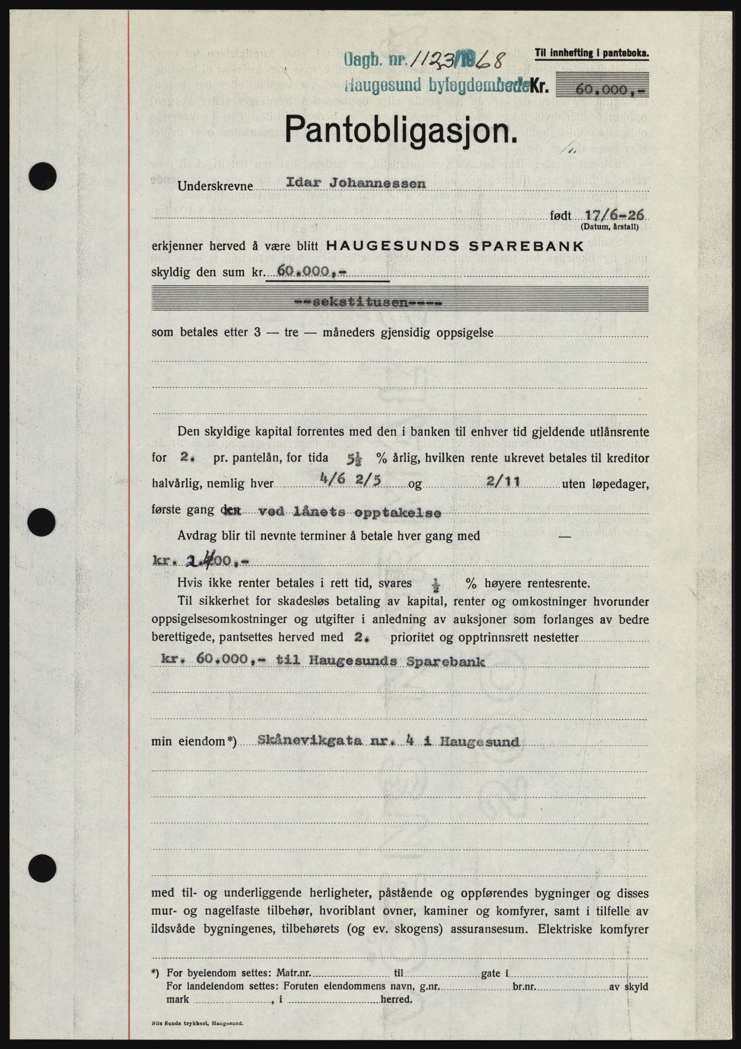 Haugesund tingrett, SAST/A-101415/01/II/IIC/L0058: Mortgage book no. B 58, 1967-1968, Diary no: : 1123/1968