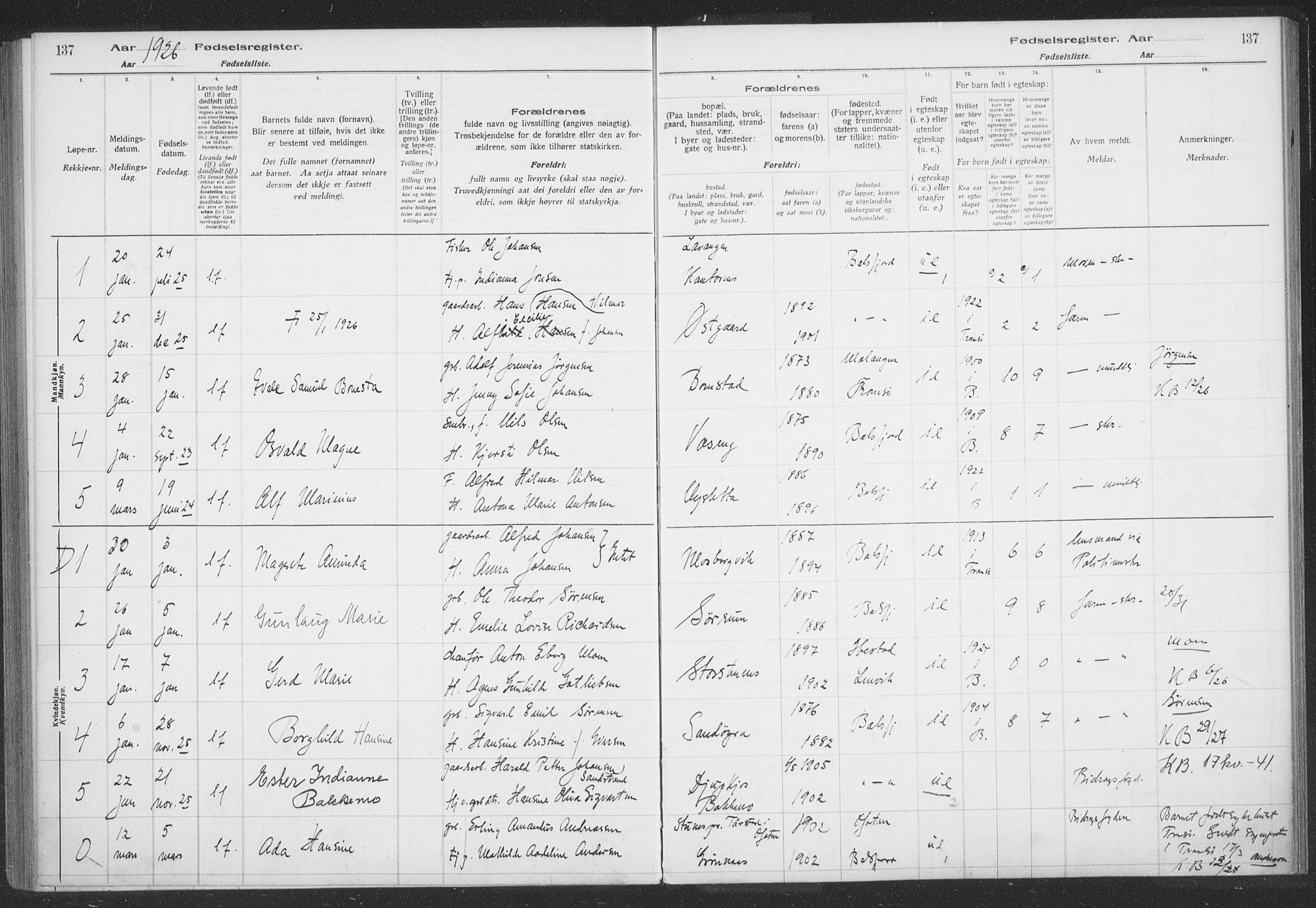 Balsfjord sokneprestembete, SATØ/S-1303/H/Hb/L0059: Birth register no. 59, 1916-1930, p. 137