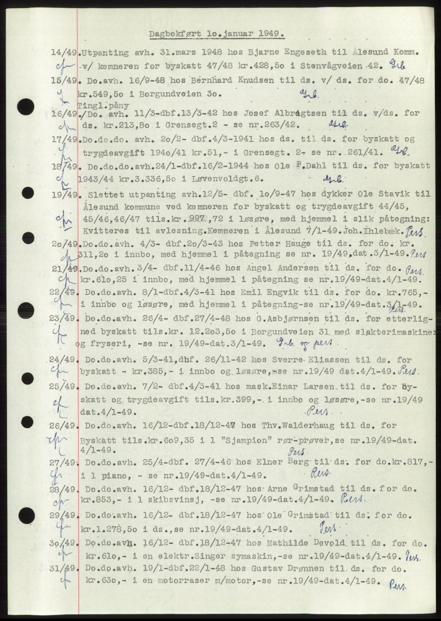 Ålesund byfogd, AV/SAT-A-4384: Mortgage book no. C34-35, 1946-1950, Diary no: : 14/1949