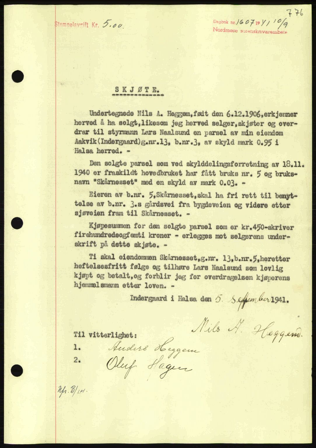 Nordmøre sorenskriveri, SAT/A-4132/1/2/2Ca: Mortgage book no. A90, 1941-1941, Diary no: : 1607/1941