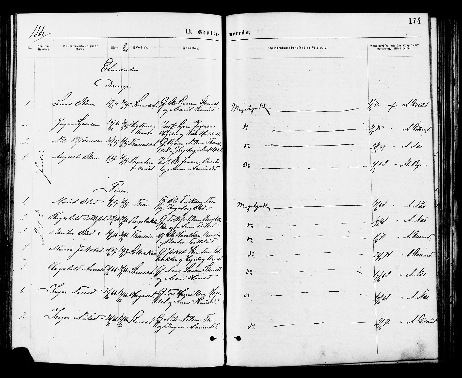 Nord-Aurdal prestekontor, SAH/PREST-132/H/Ha/Haa/L0009: Parish register (official) no. 9, 1876-1882, p. 174