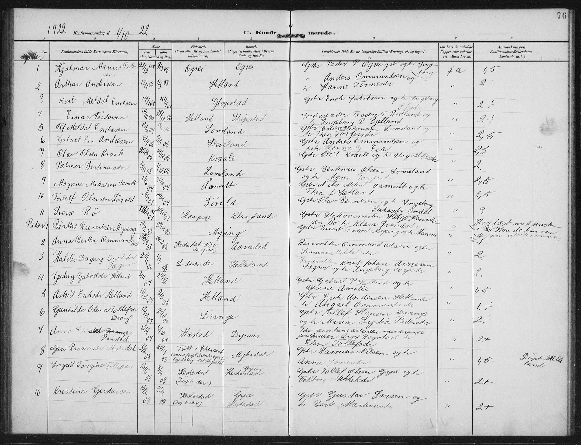 Helleland sokneprestkontor, AV/SAST-A-101810: Parish register (official) no. A 12, 1906-1923, p. 76