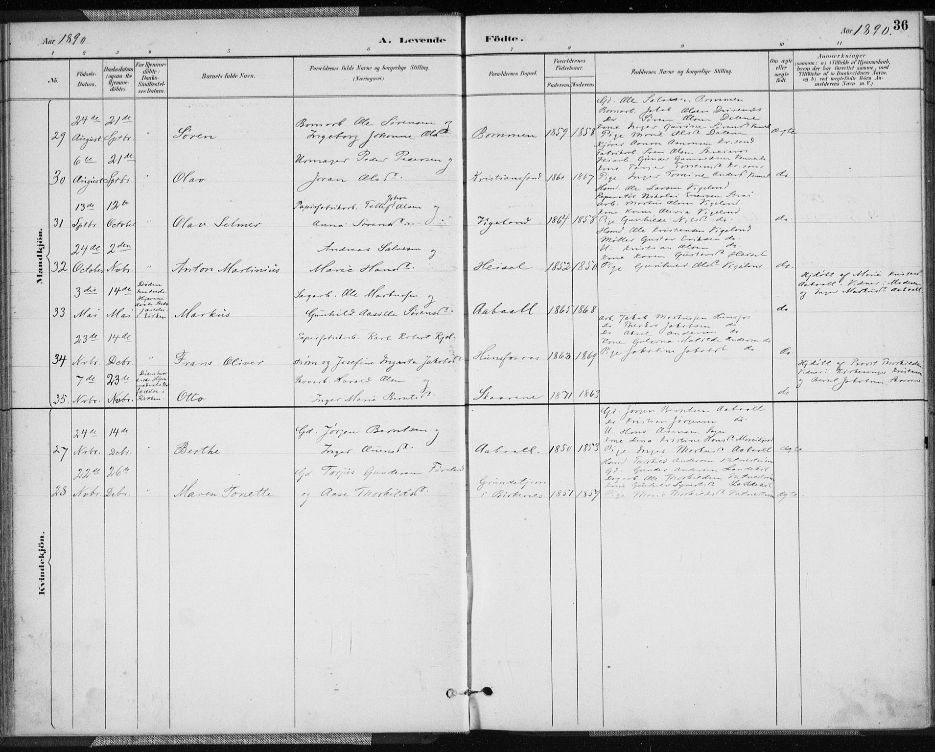 Vennesla sokneprestkontor, AV/SAK-1111-0045/Fa/Fab/L0004: Parish register (official) no. A 4, 1884-1896, p. 36