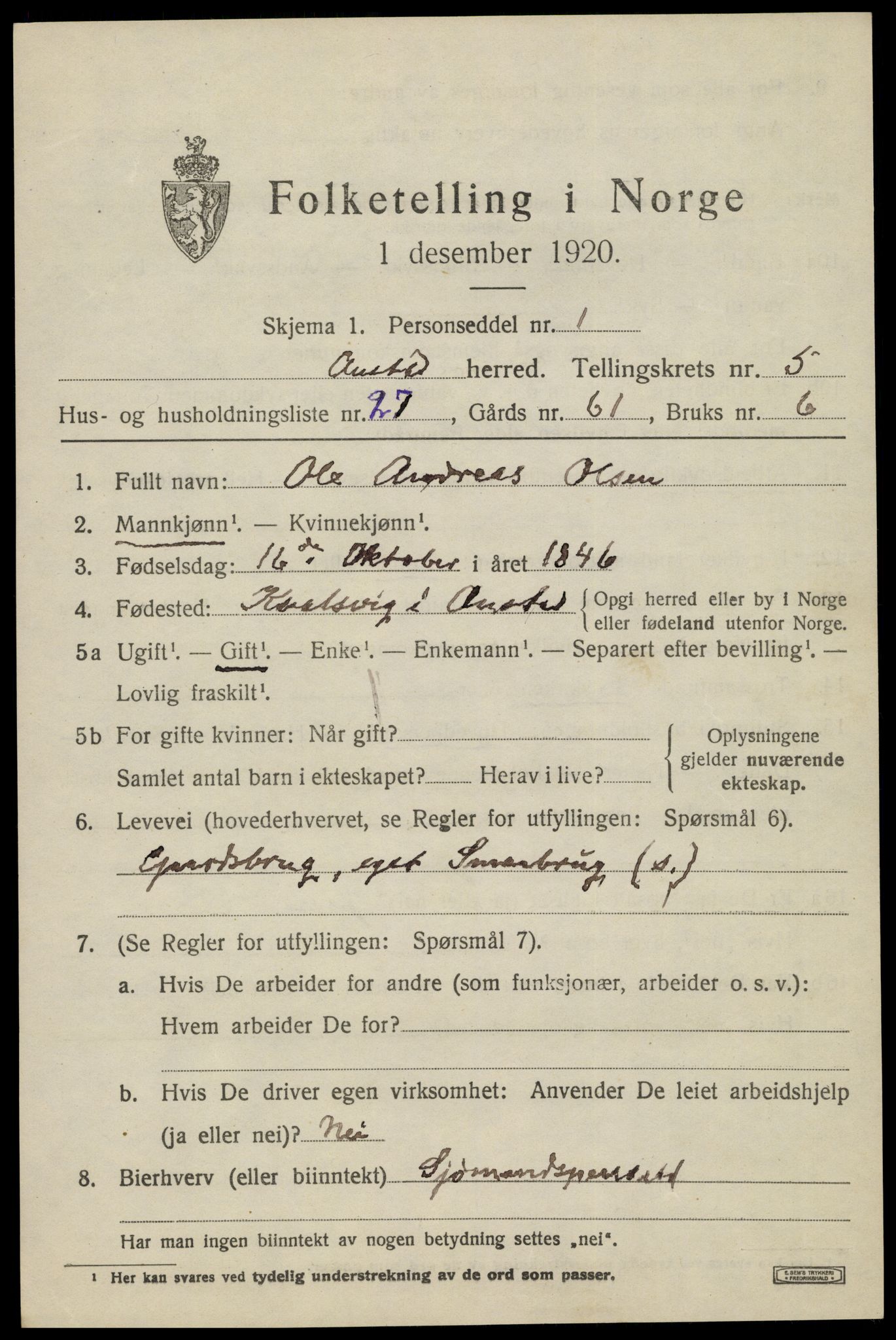 SAK, 1920 census for Austad, 1920, p. 1867