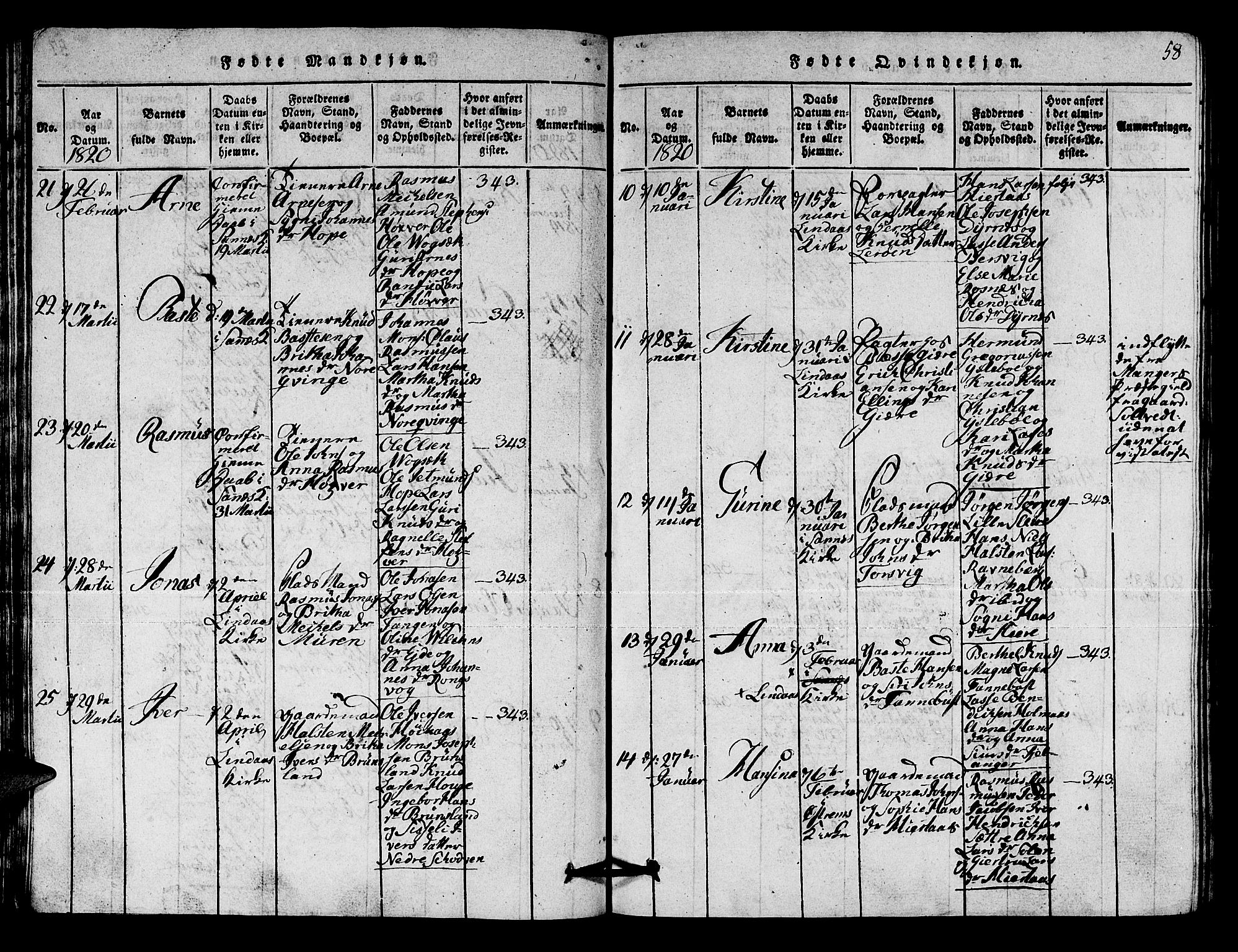 Lindås Sokneprestembete, AV/SAB-A-76701/H/Hab/Haba/L0001: Parish register (copy) no. A 1, 1816-1823, p. 58