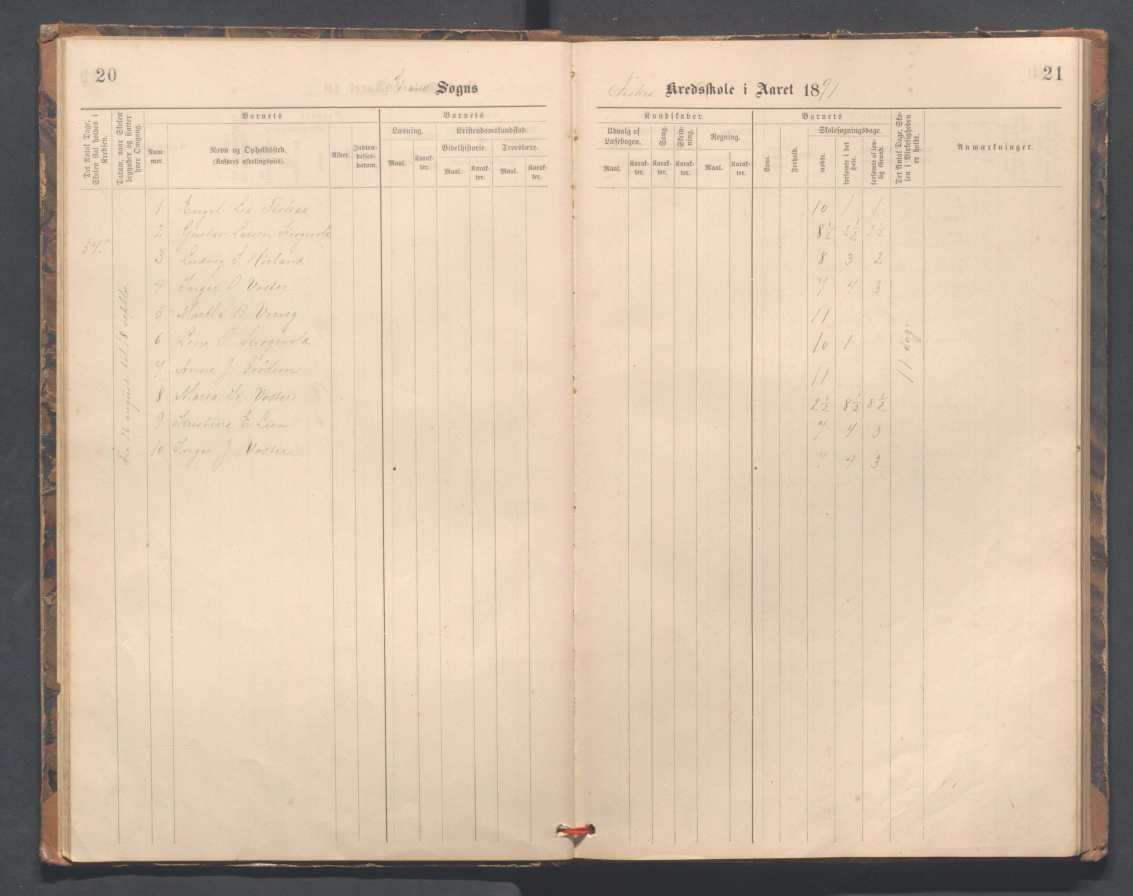 Strand kommune - Fiskå skole, IKAR/A-155/H/L0002: Skoleprotokoll for Fiskå, Heien, Jøssang, Sørbygda og Fjelde krets, 1888-1900, p. 20-21