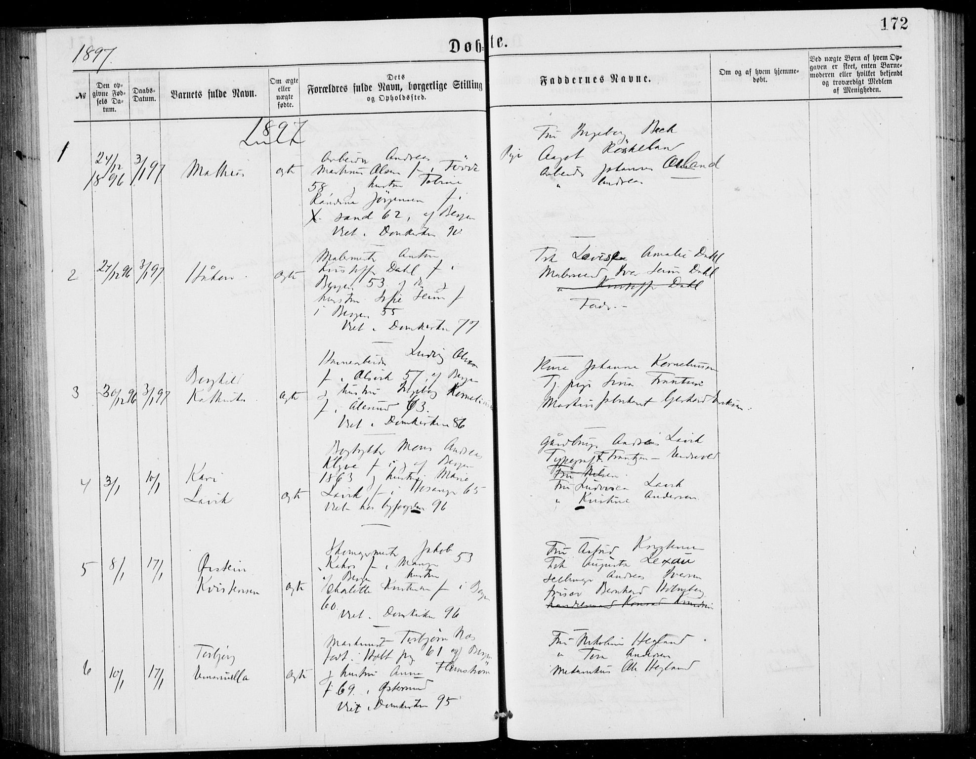 Fødselsstiftelsens sokneprestembete, ført av overlegen*, SAB/-: Parish register (official) no. A 2, 1884-1900, p. 172