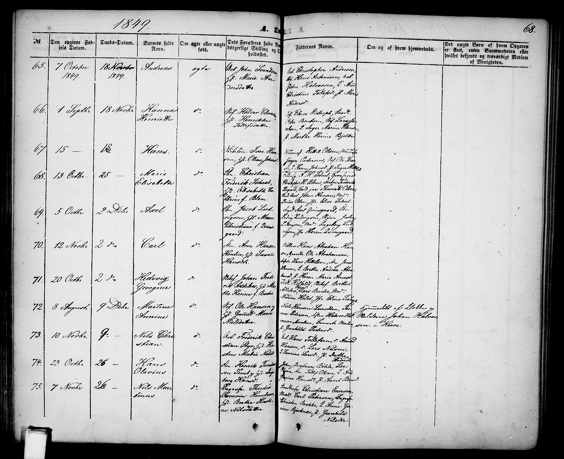 Skien kirkebøker, AV/SAKO-A-302/G/Ga/L0004: Parish register (copy) no. 4, 1843-1867, p. 68