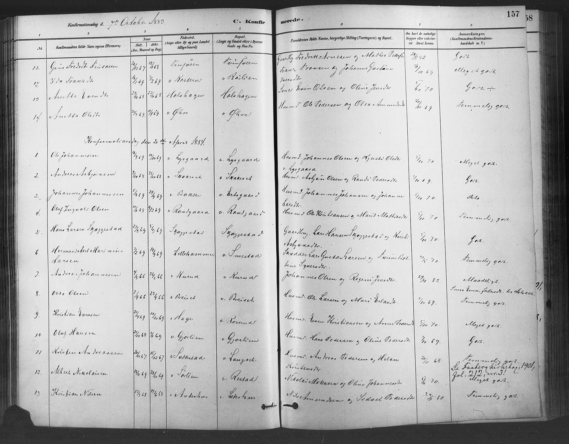 Fåberg prestekontor, SAH/PREST-086/H/Ha/Haa/L0009: Parish register (official) no. 9, 1879-1898, p. 157