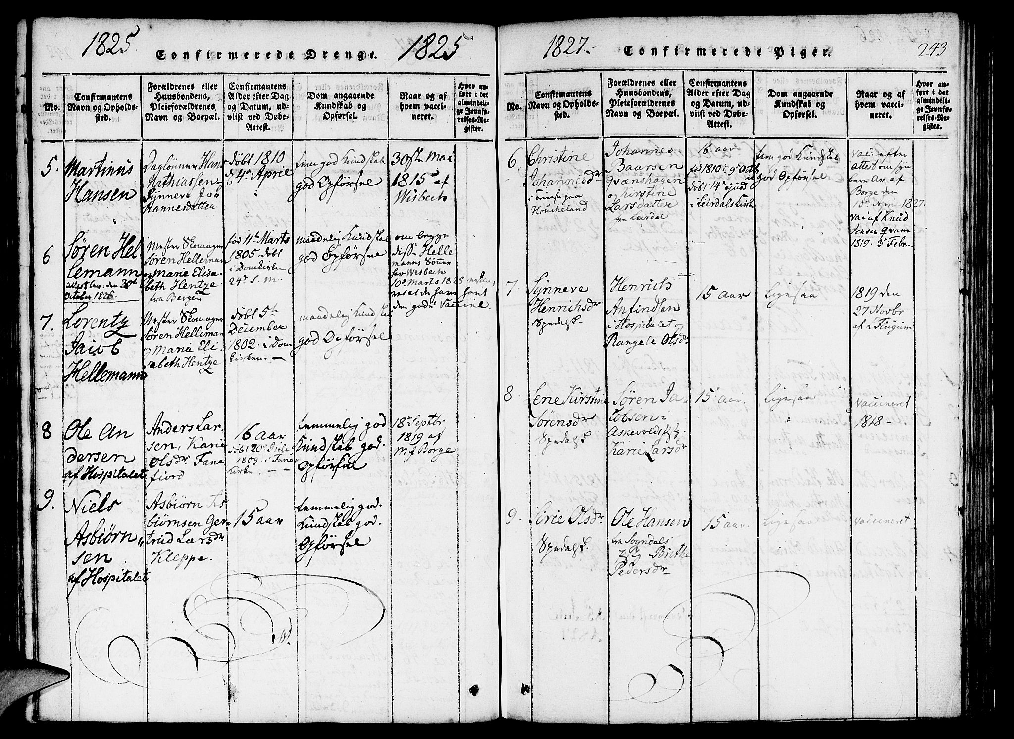 St. Jørgens hospital og Årstad sokneprestembete, AV/SAB-A-99934: Parish register (official) no. A 3, 1815-1843, p. 243