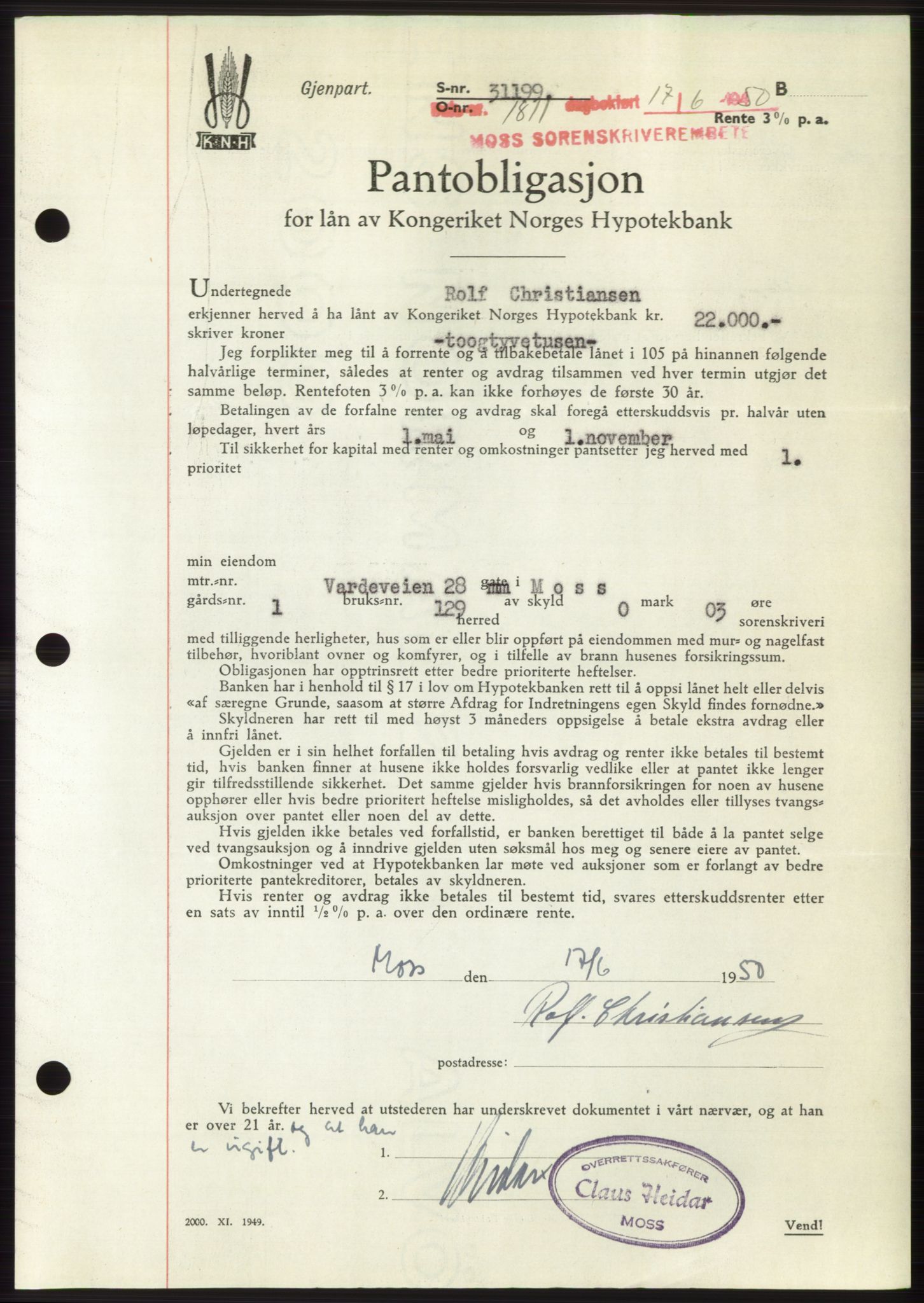 Moss sorenskriveri, AV/SAO-A-10168: Mortgage book no. B24, 1950-1950, Diary no: : 1811/1950