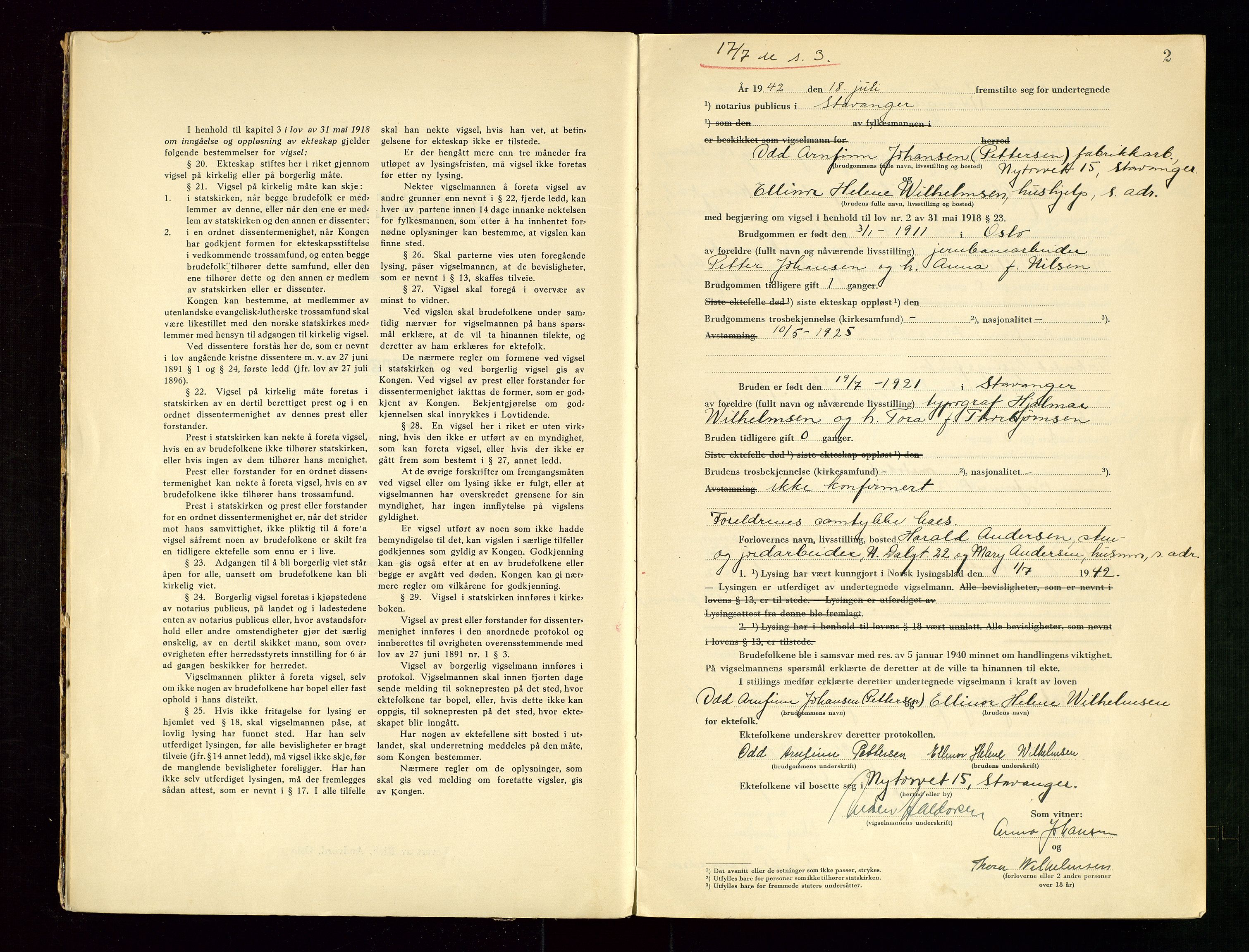 Stavanger byrett, AV/SAST-A-100455/001/6/62/62B/L0005: Vigselsprotokoll, 1942, p. 2