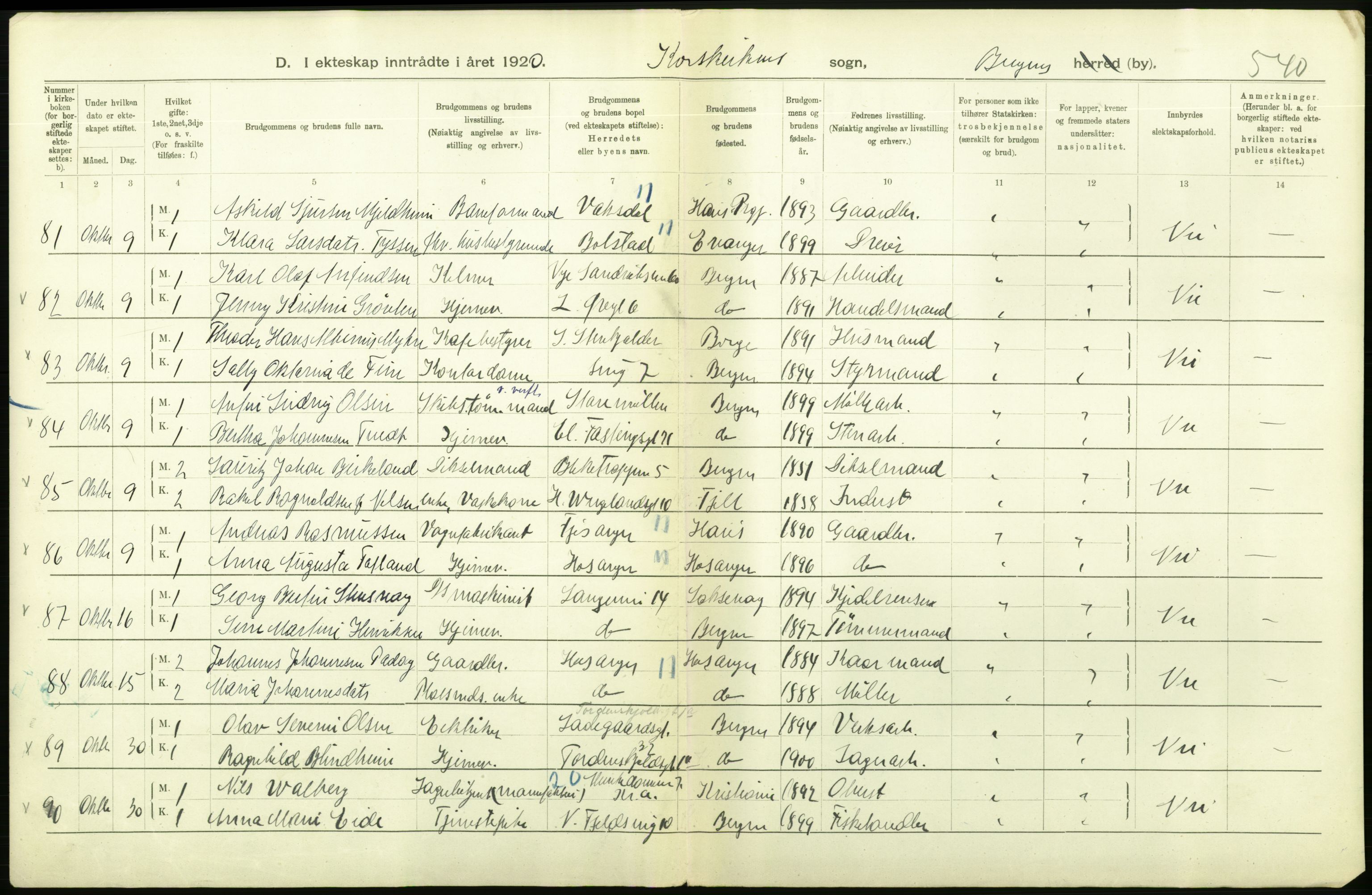 Statistisk sentralbyrå, Sosiodemografiske emner, Befolkning, AV/RA-S-2228/D/Df/Dfb/Dfbj/L0042: Bergen: Gifte, døde, dødfødte., 1920, p. 194