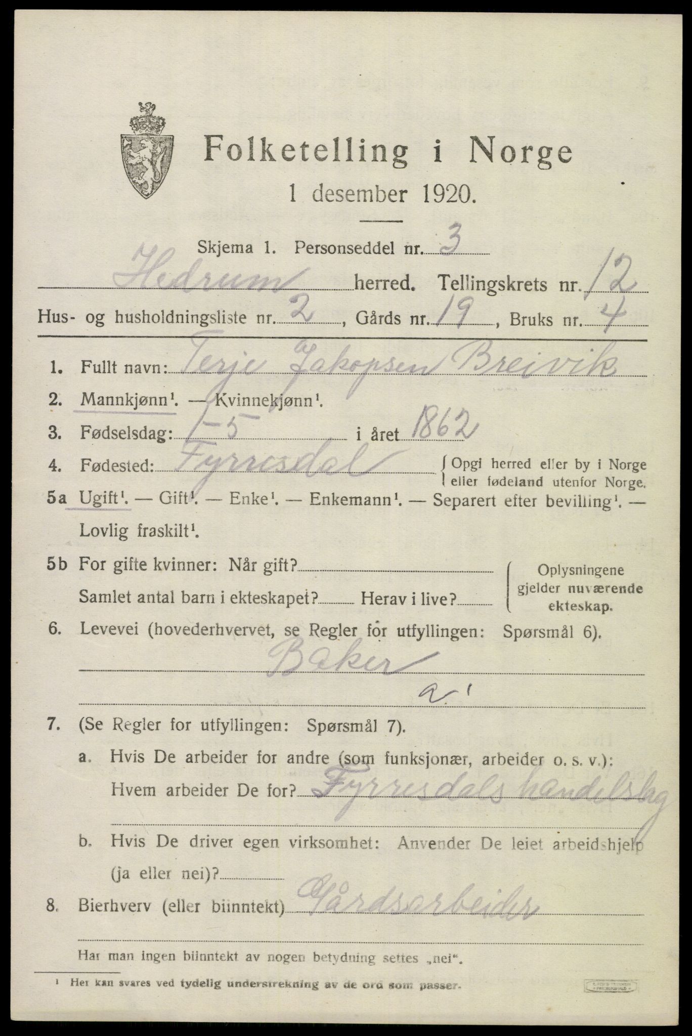 SAKO, 1920 census for Hedrum, 1920, p. 8037