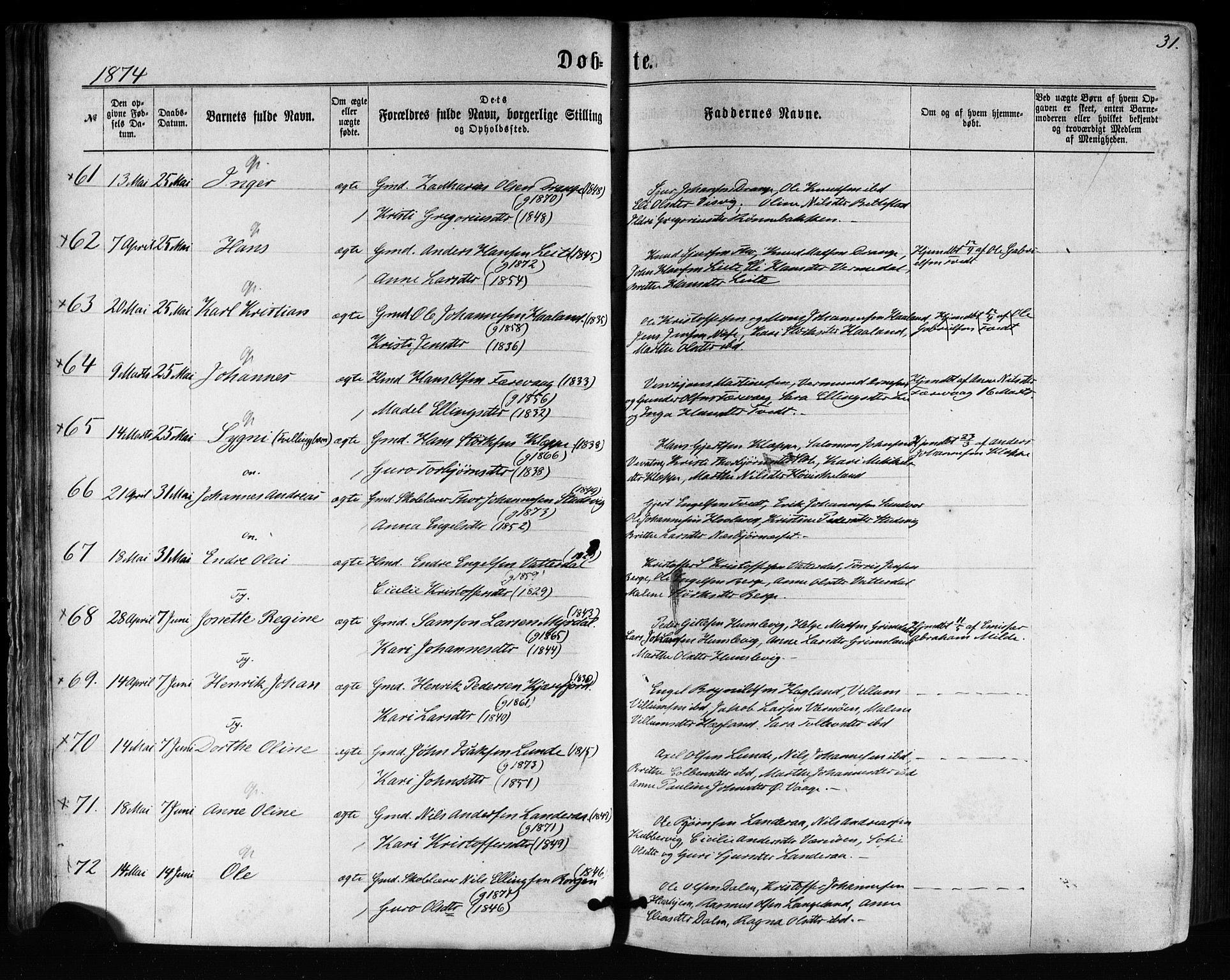 Tysnes sokneprestembete, AV/SAB-A-78601/H/Haa: Parish register (official) no. A 12, 1872-1886, p. 31