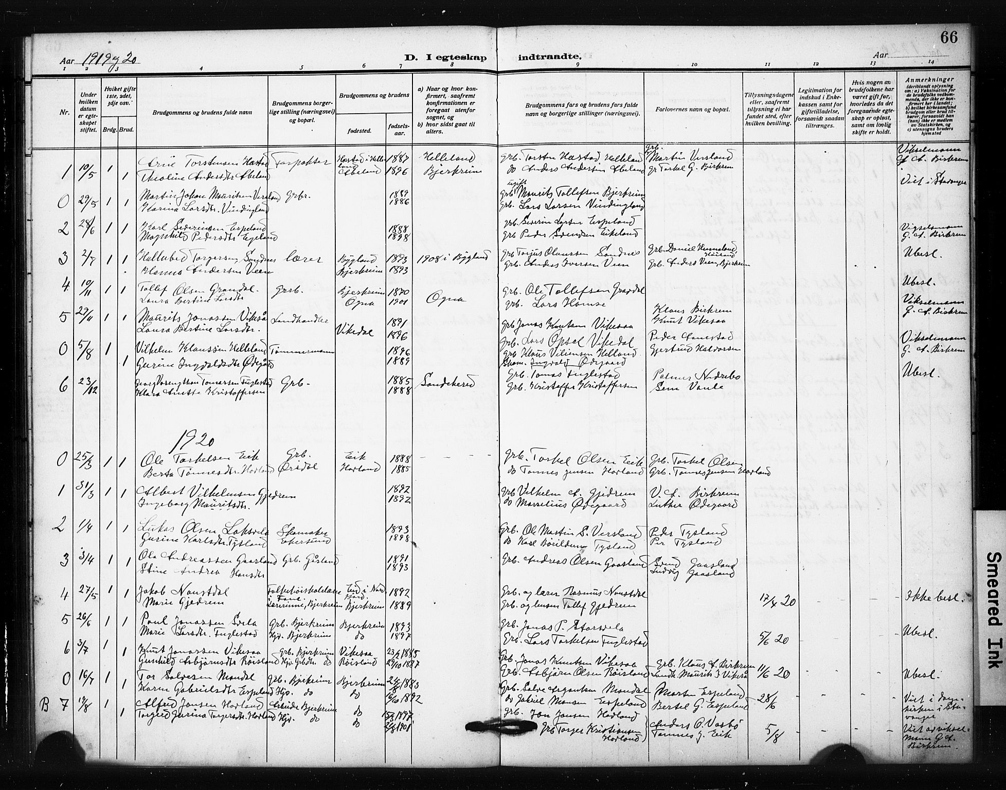 Helleland sokneprestkontor, SAST/A-101810: Parish register (copy) no. B 6, 1909-1923, p. 66