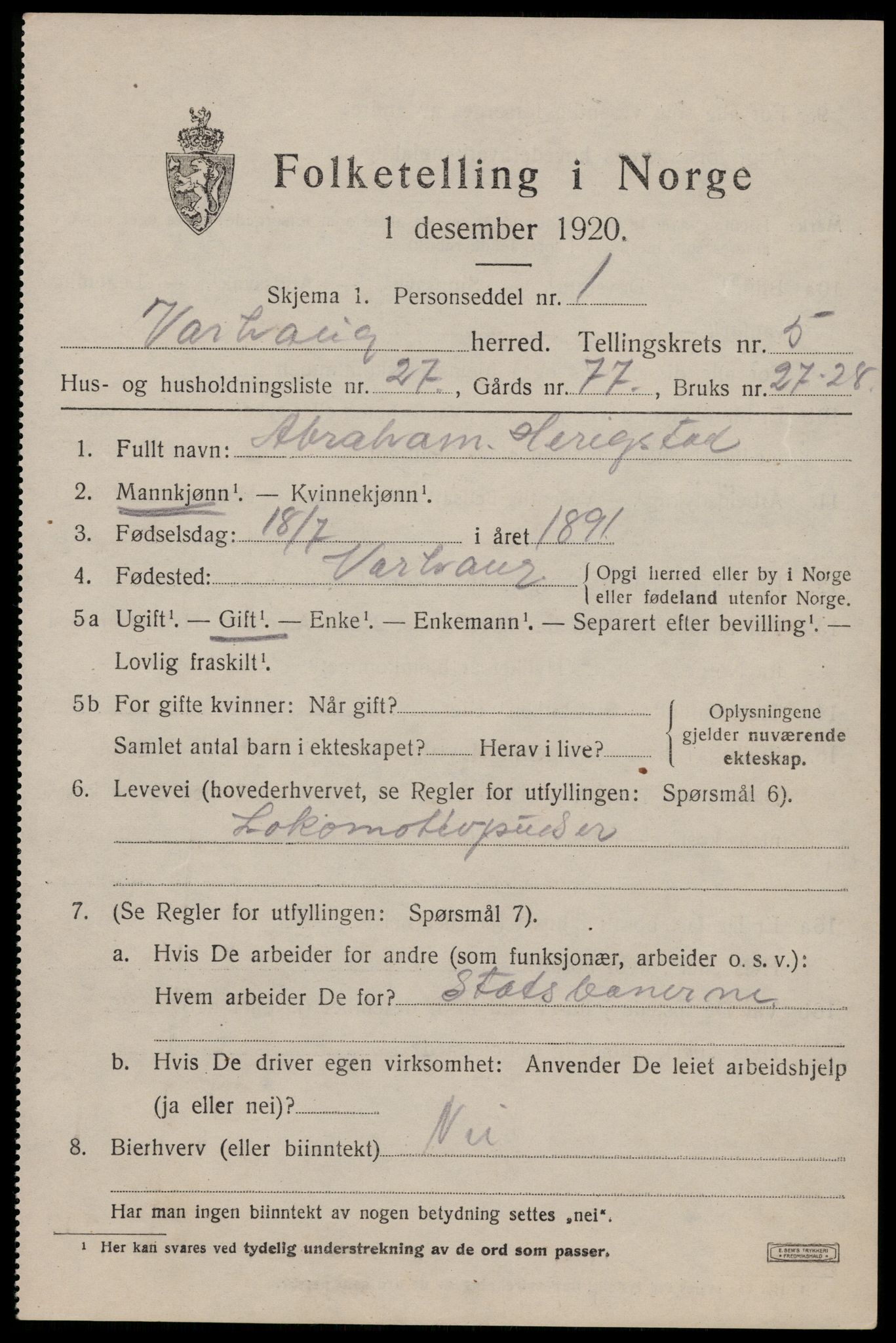 SAST, 1920 census for Varhaug, 1920, p. 4757