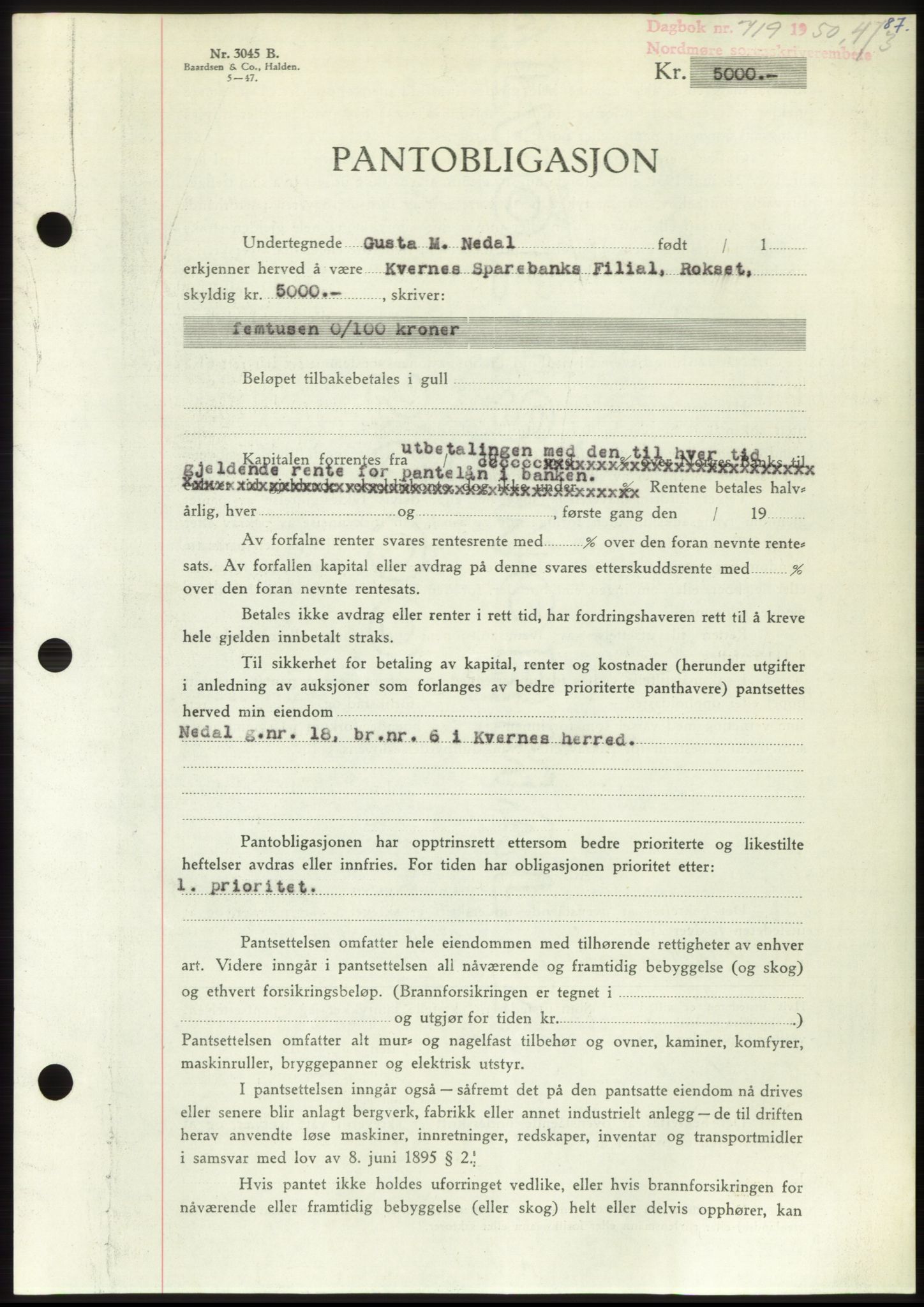 Nordmøre sorenskriveri, AV/SAT-A-4132/1/2/2Ca: Mortgage book no. B104, 1950-1950, Diary no: : 719/1950