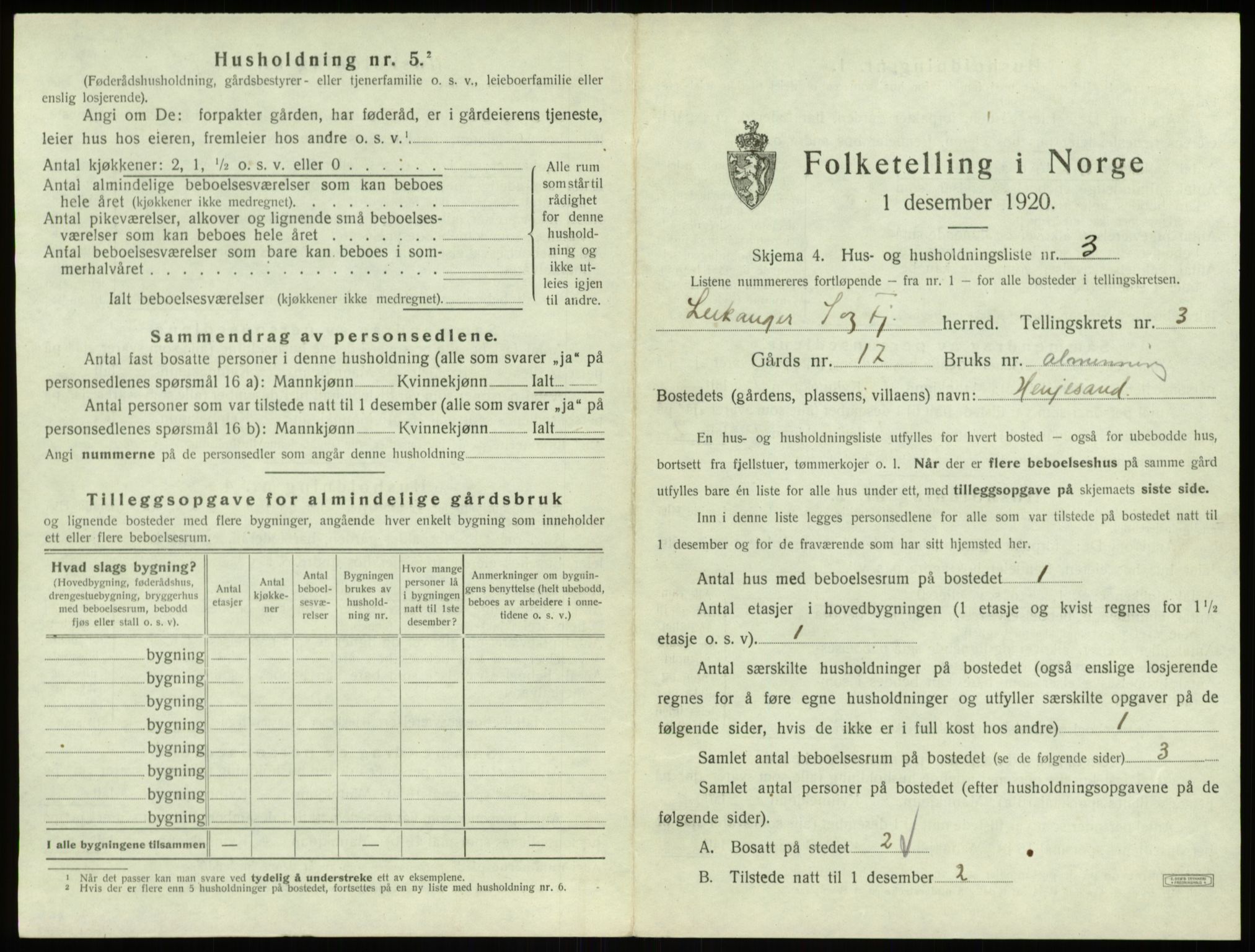 SAB, 1920 census for Leikanger, 1920, p. 282