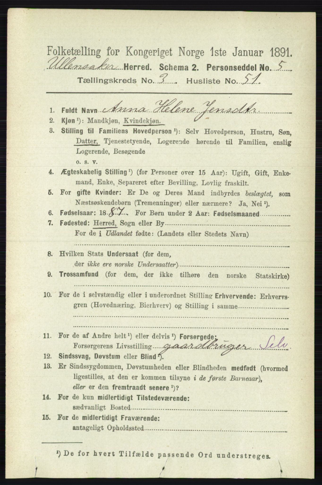 RA, 1891 census for 0235 Ullensaker, 1891, p. 1413