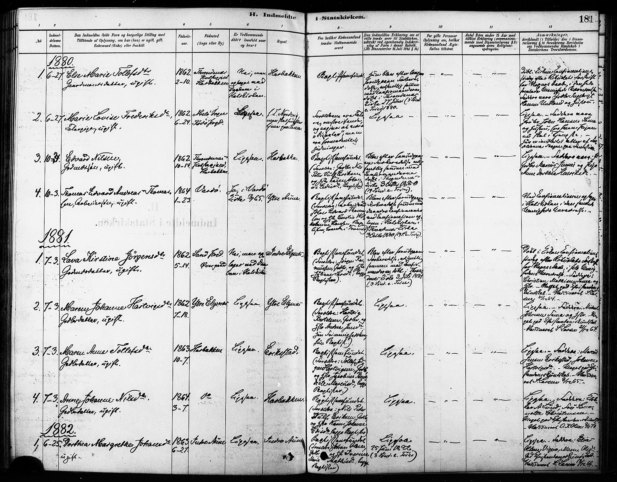 Trondenes sokneprestkontor, SATØ/S-1319/H/Ha/L0015kirke: Parish register (official) no. 15, 1878-1889, p. 181