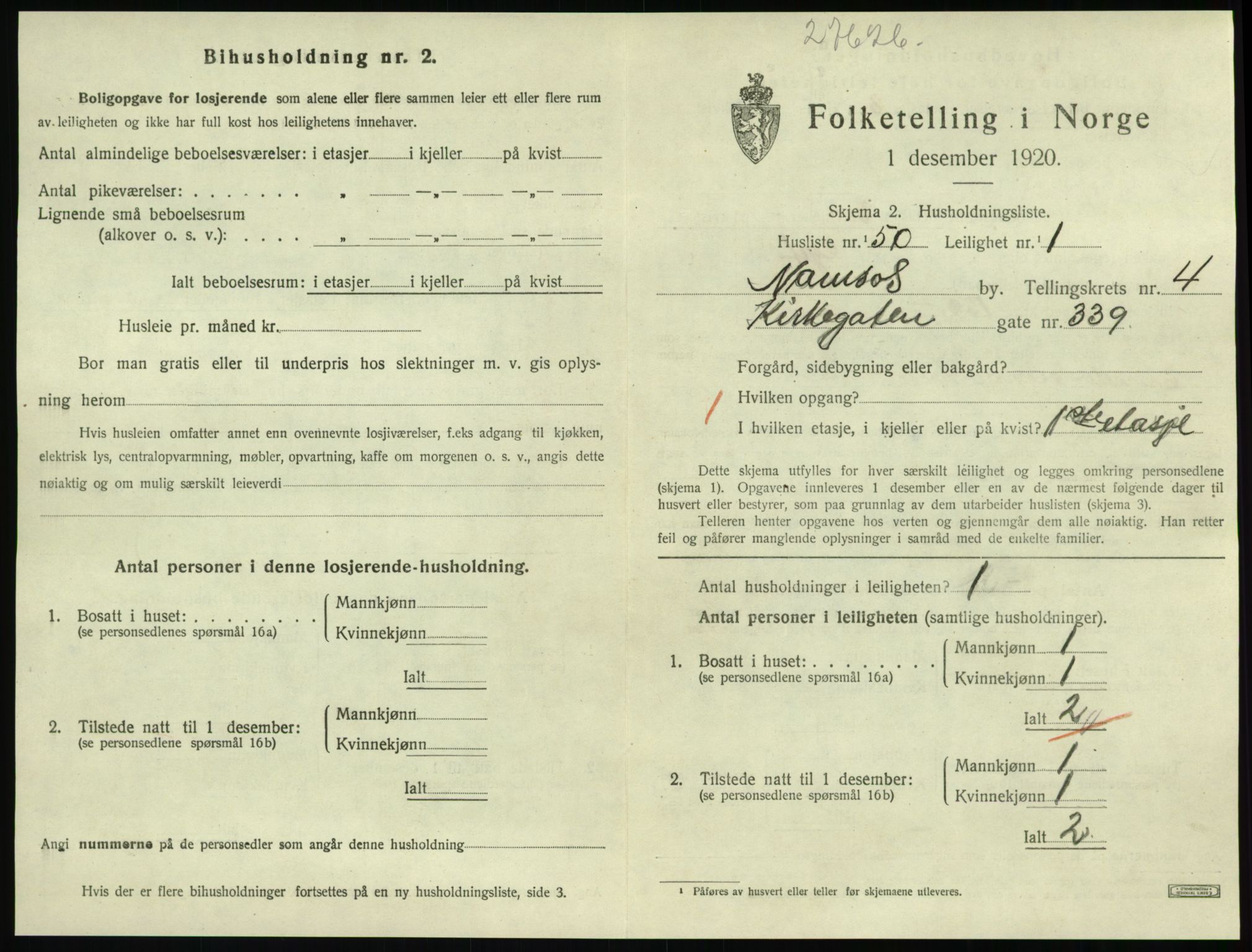 SAT, 1920 census for Namsos, 1920, p. 1585