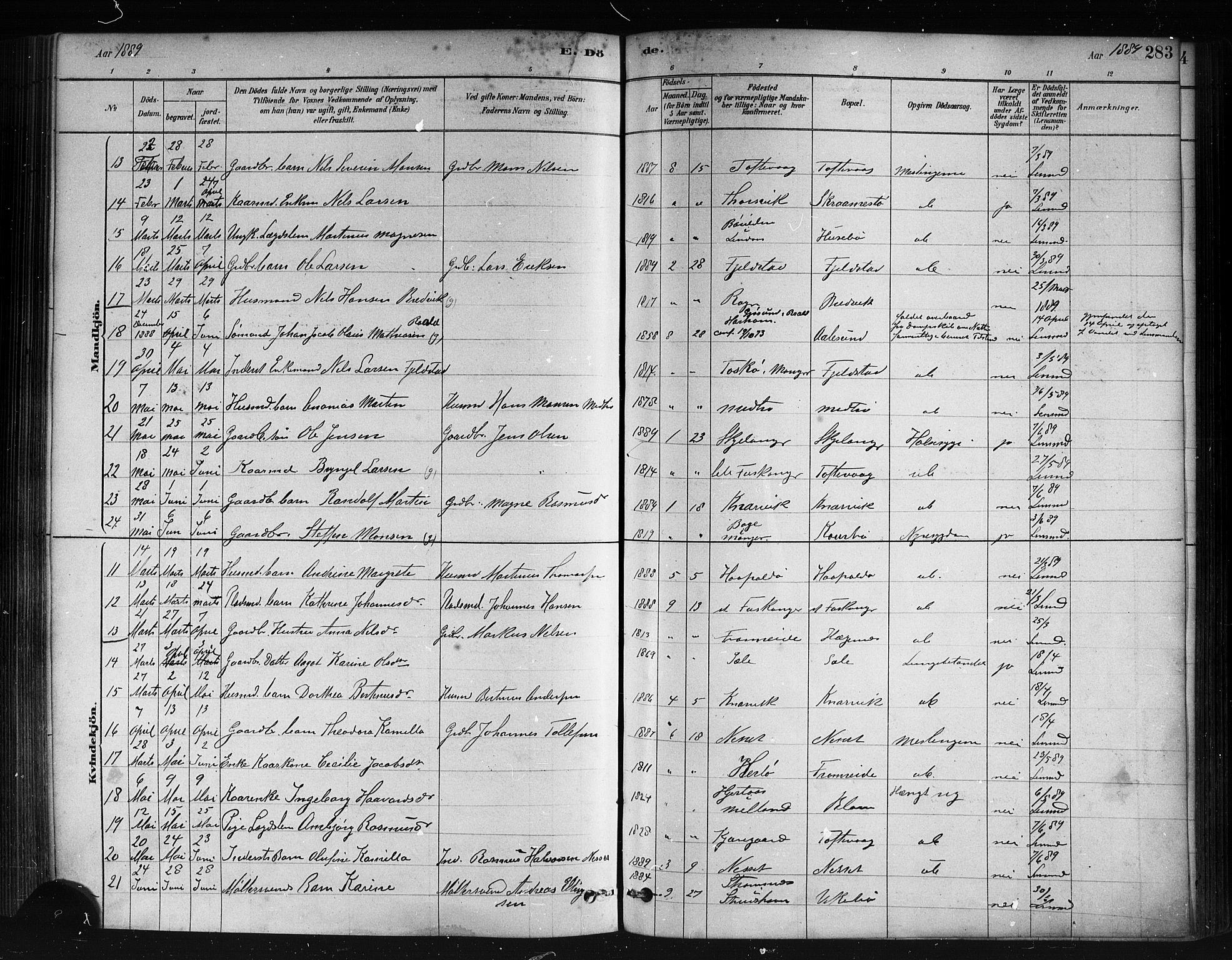 Herdla Sokneprestembete, AV/SAB-A-75701/H/Haa: Parish register (official) no. A 3, 1878-1890, p. 283