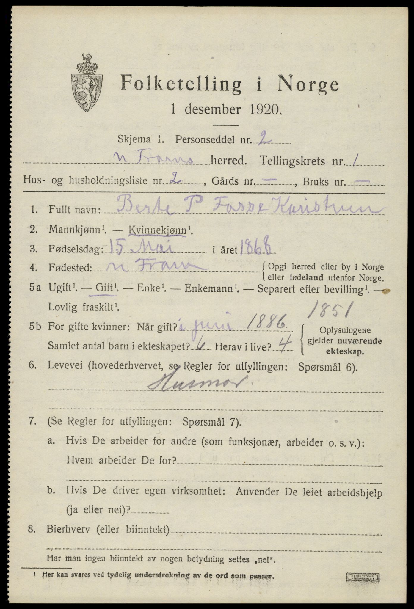 SAH, 1920 census for Nord-Fron, 1920, p. 1668