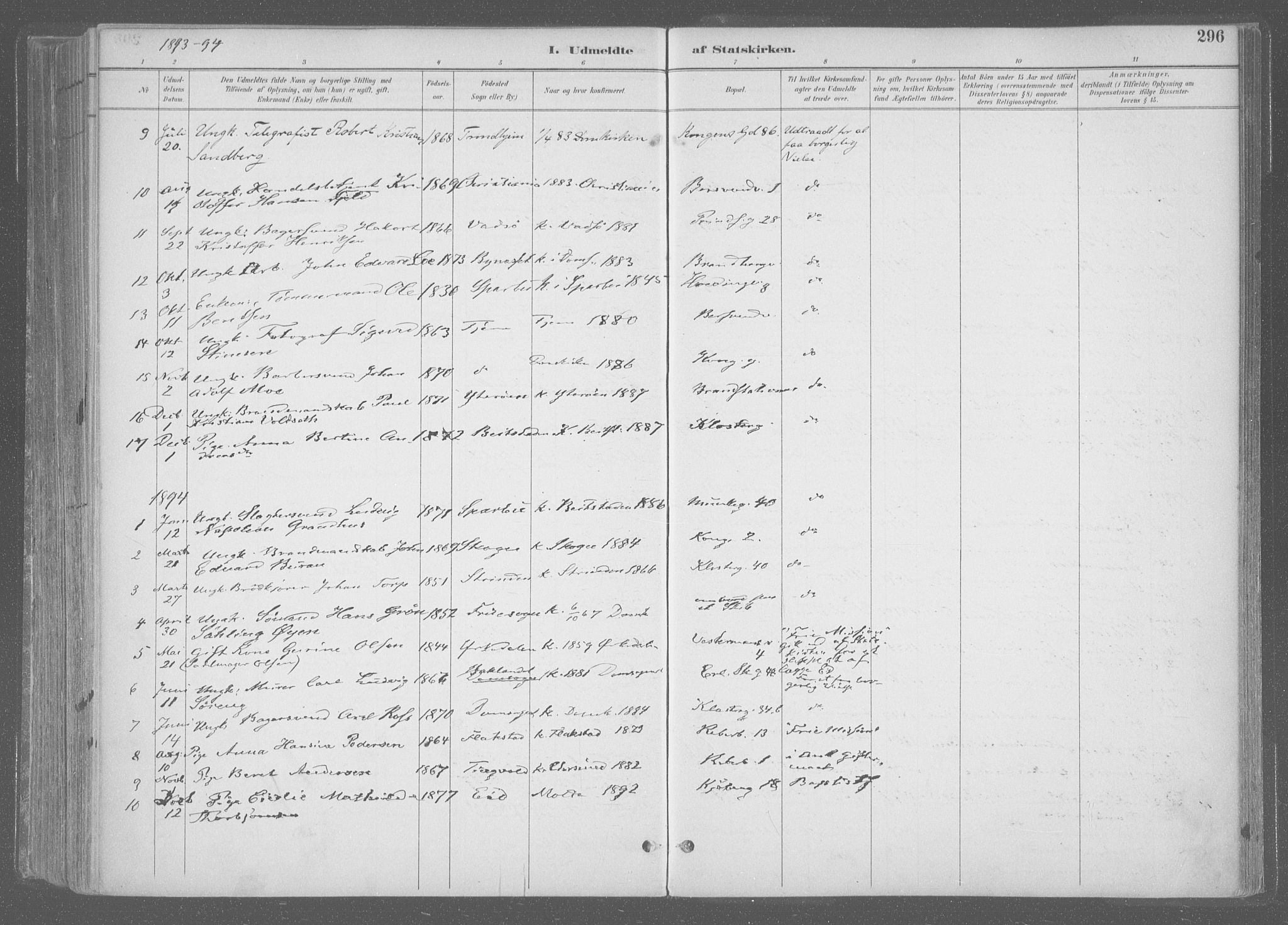 Ministerialprotokoller, klokkerbøker og fødselsregistre - Sør-Trøndelag, SAT/A-1456/601/L0064: Parish register (official) no. 601A31, 1891-1911, p. 296