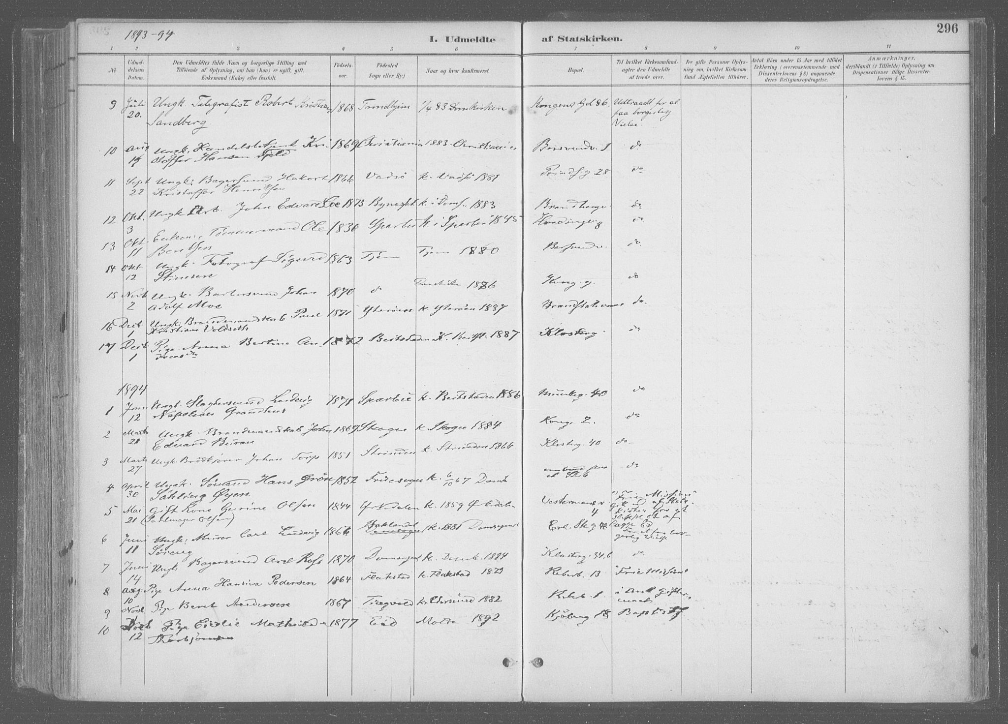 Ministerialprotokoller, klokkerbøker og fødselsregistre - Sør-Trøndelag, AV/SAT-A-1456/601/L0064: Parish register (official) no. 601A31, 1891-1911, p. 296